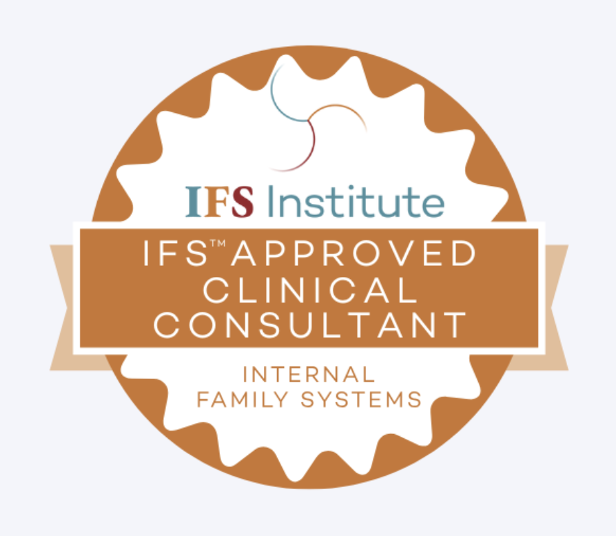 This is a badge image that contains a circle with a banner that states "IFS Institute Approved Clinical Consultant Internal Family Systems"
