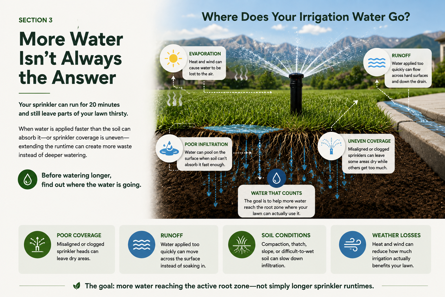 An informational graphic illustrating where irrigation water goes in a lawn, showing issues like evaporation, runoff, poor infiltration, uneven coverage, and how to improve watering efficiency.