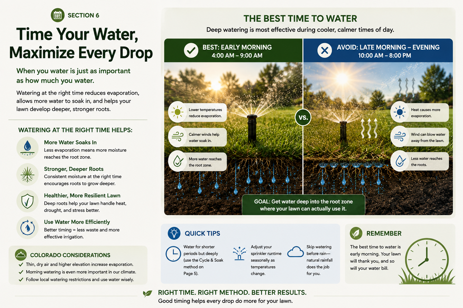 A lawn irrigation guide illustrating the best time to water for optimal lawn health. The left side shows watering early in the morning from 4:00 am to 9:00 am as ideal, with icons indicating lower temperatures, calmer winds, and more water reaching the root zone. The right side shows late morning to evening watering from 10:00 am to 8:00 pm as less effective, with icons indicating heat, wind, and less water reaching the roots. Additional tips include watering shorter periods, adjusting sprinkler runtimes seasonally, and skipping watering before rain. The guide emphasizes watering early in the morning for better lawn health.