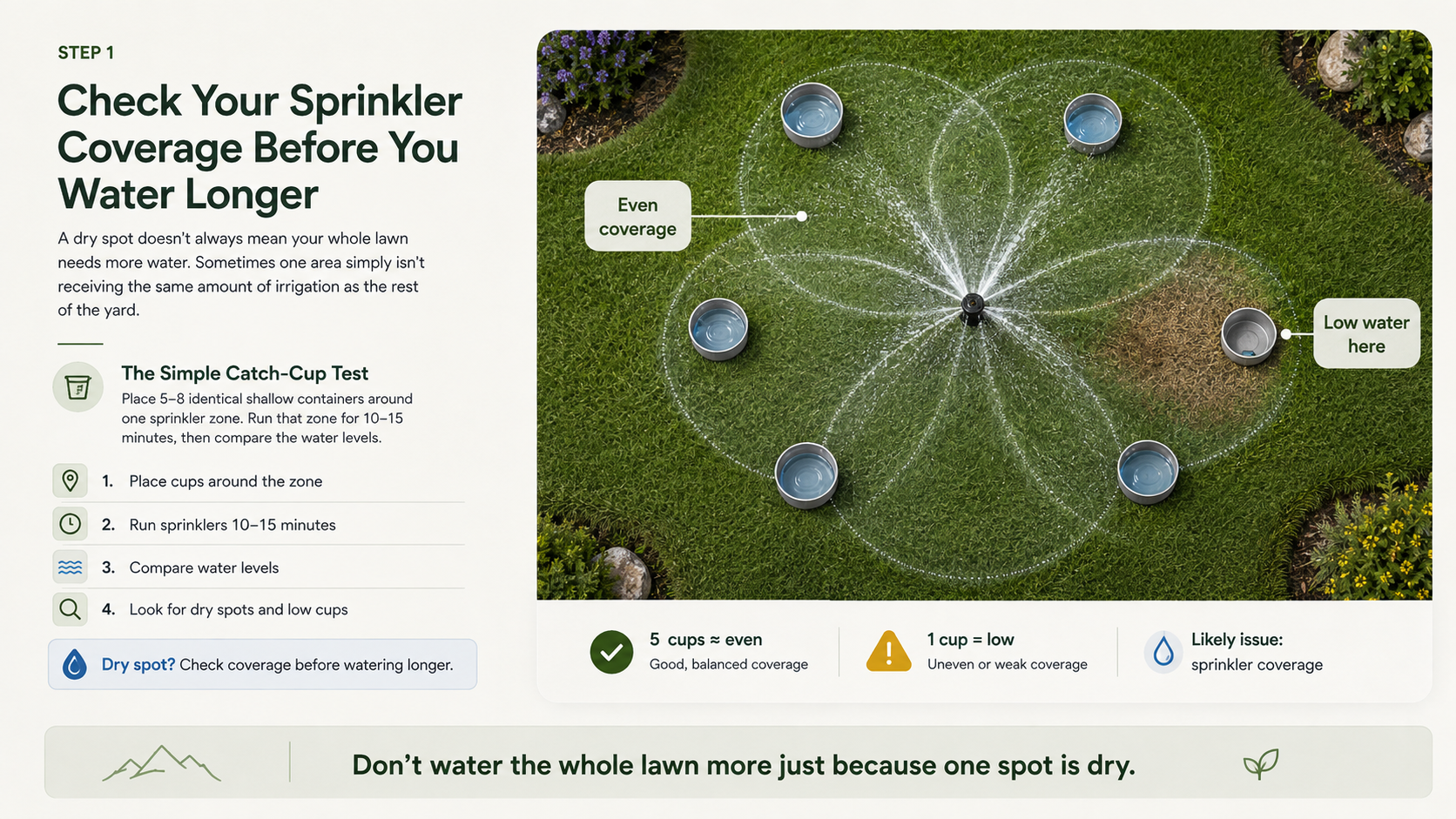 A diagram showing a watering sprinkler with labeled zones indicating even and low water coverage. The diagram includes tagged areas for productive sprinkler coverage and less water on dry spots at the edge.