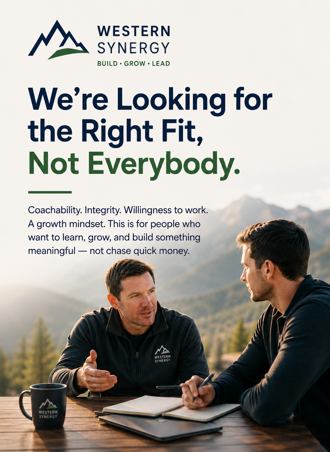 A promotional image for Western Synergy featuring two men engaged in a discussion outdoors with mountains in the background. The text highlights core values of coachability, integrity, and willingness to learn, emphasizing fit over everybody.