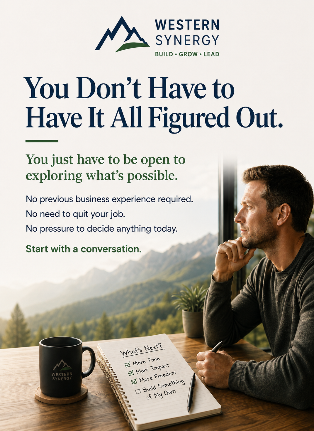 Promotional poster for Western Synergy stating you don't have to figure everything out, encouraging exploration and conversation. Features a man looking thoughtfully out a window with mountains in the background, a notebook with a list of options, and a Western Synergy coffee mug.