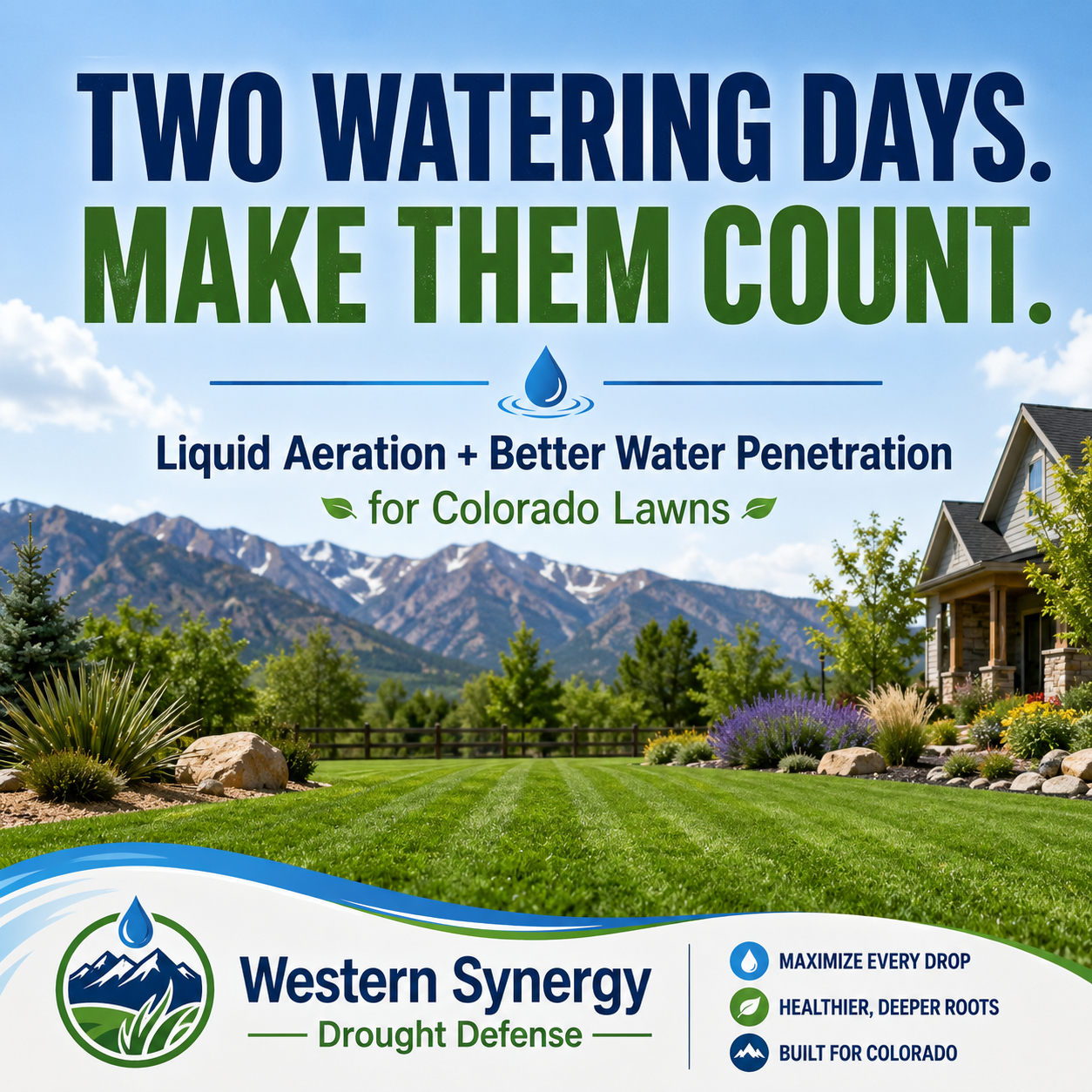 An advertisement for Western Synergy Drought Defense promoting water-efficient landscaping. Features a lush green yard with mountains and a house in the background, with text emphasizing the importance of watering twice a week to improve water penetration. Has icons highlighting water maximization, healthier roots, and Colorado building standards.