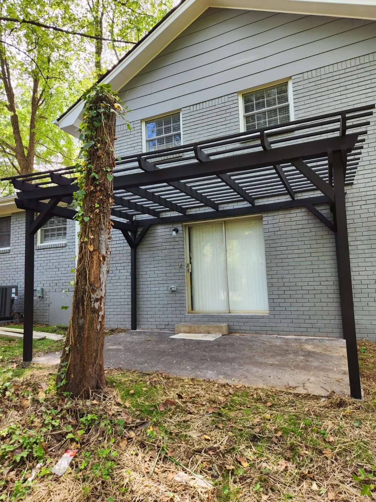 Backyard view of a house with a black metal awning, a sliding glass door, and two upper windows. There is a tree in the foreground wrapped with ivy, and the ground is covered with leaves and grass.