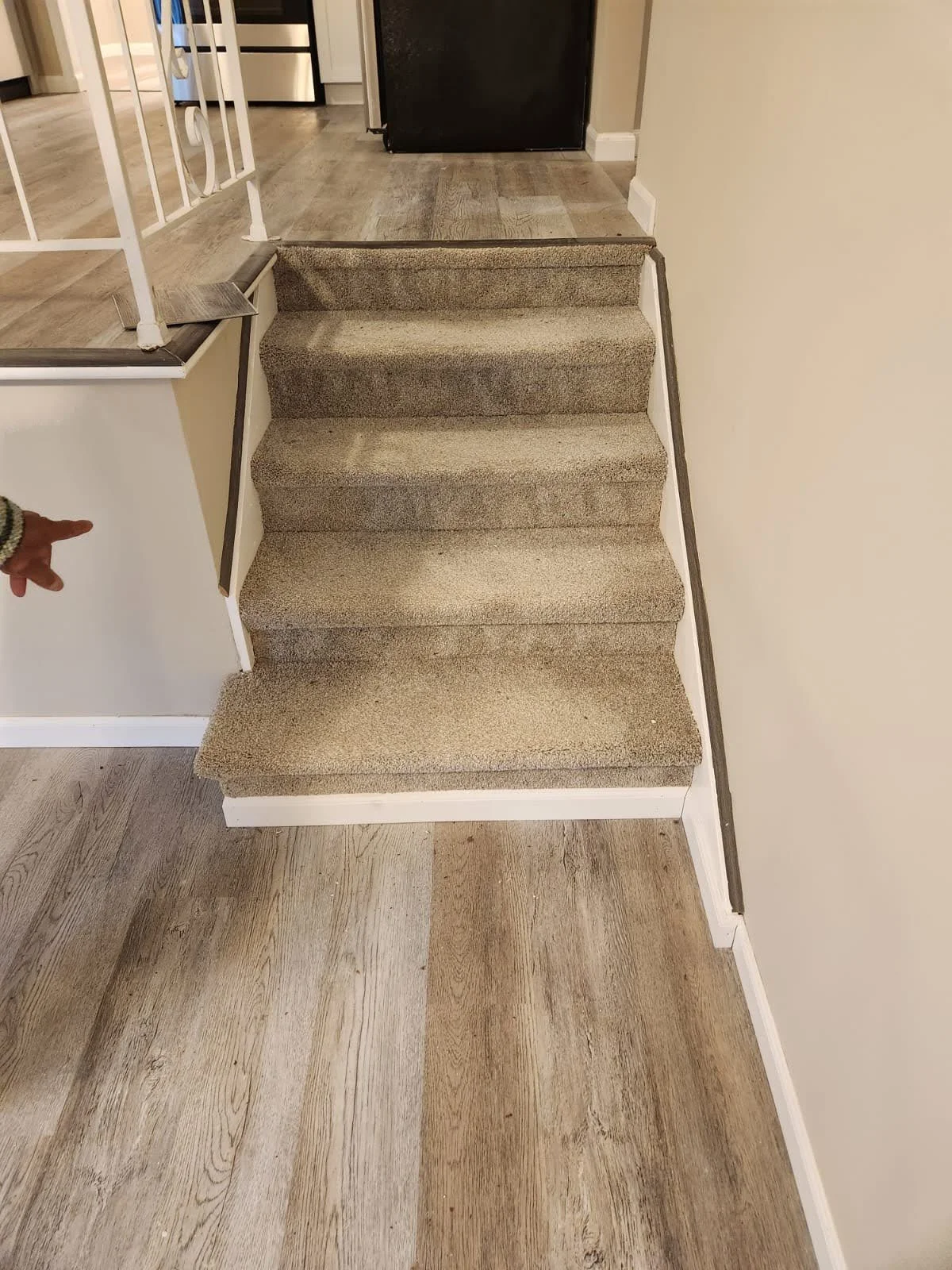 Interior view of a small staircase with three carpeted steps leading up to a higher level, with a white wall on the right and a black door at the top of the stairs. Part of a railing and kitchen area are visible on the left.