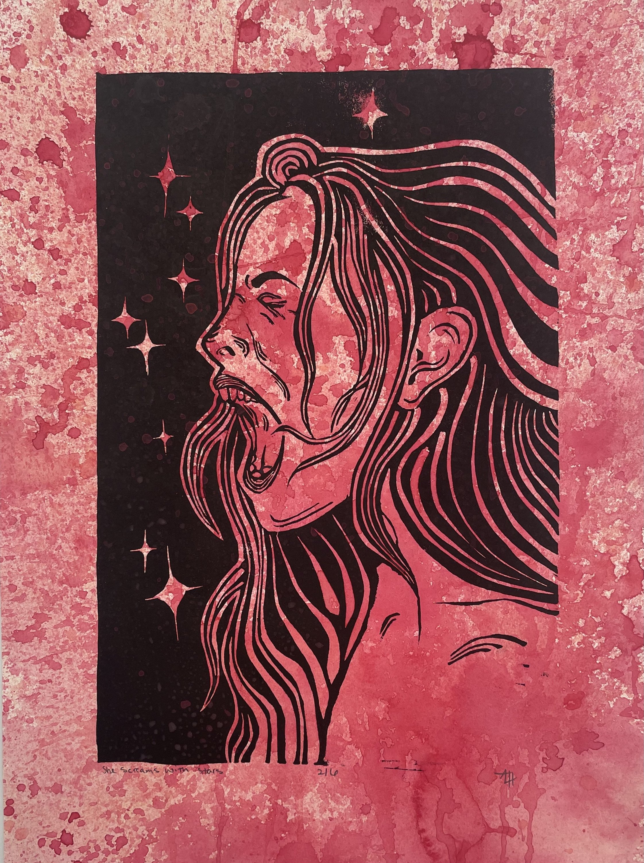 She Screams With Stars
Relief Print, Watercolor
11" x 7.25"