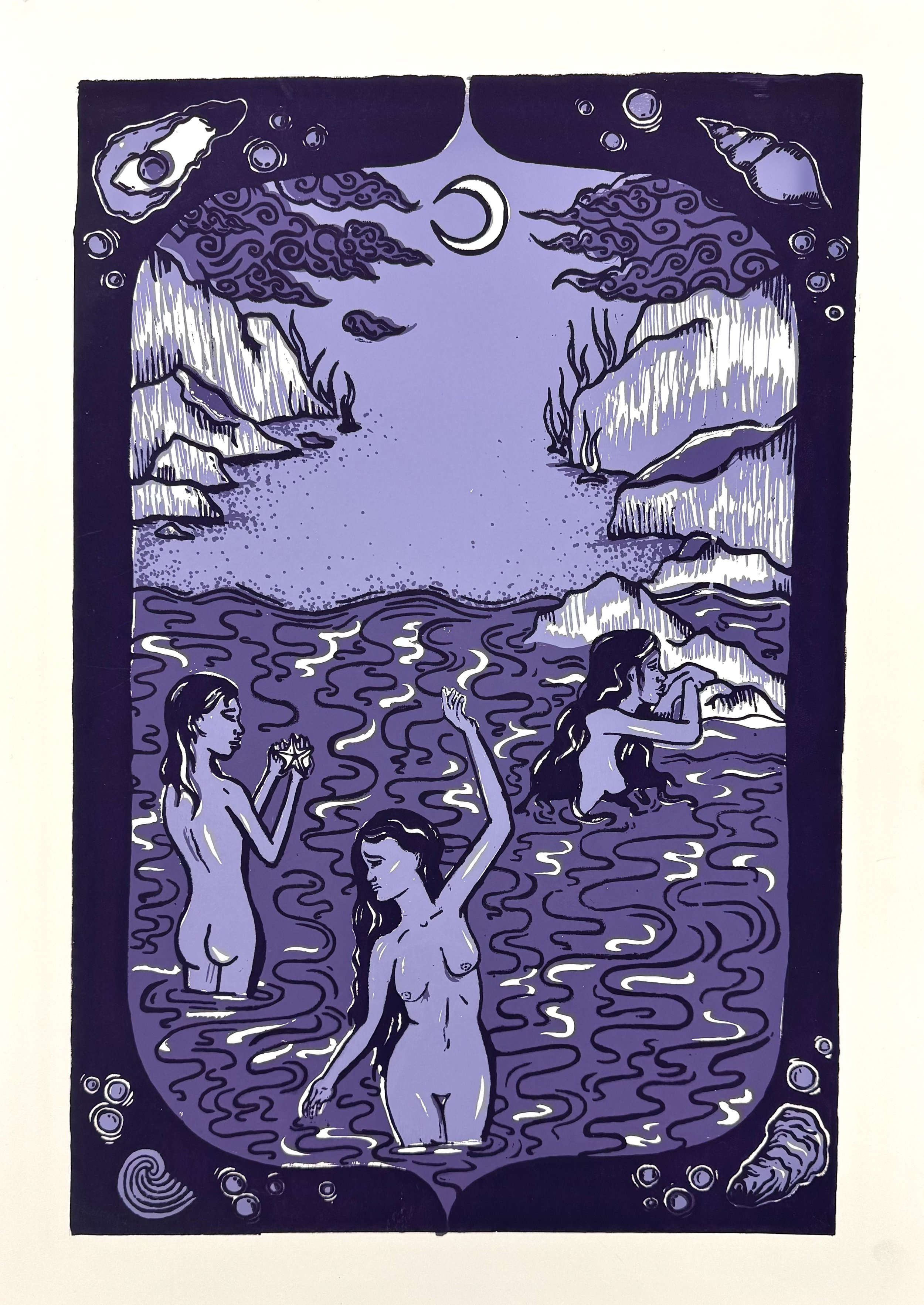 Water Witches (Purple)
Relief, Screen Print
18" x 12"