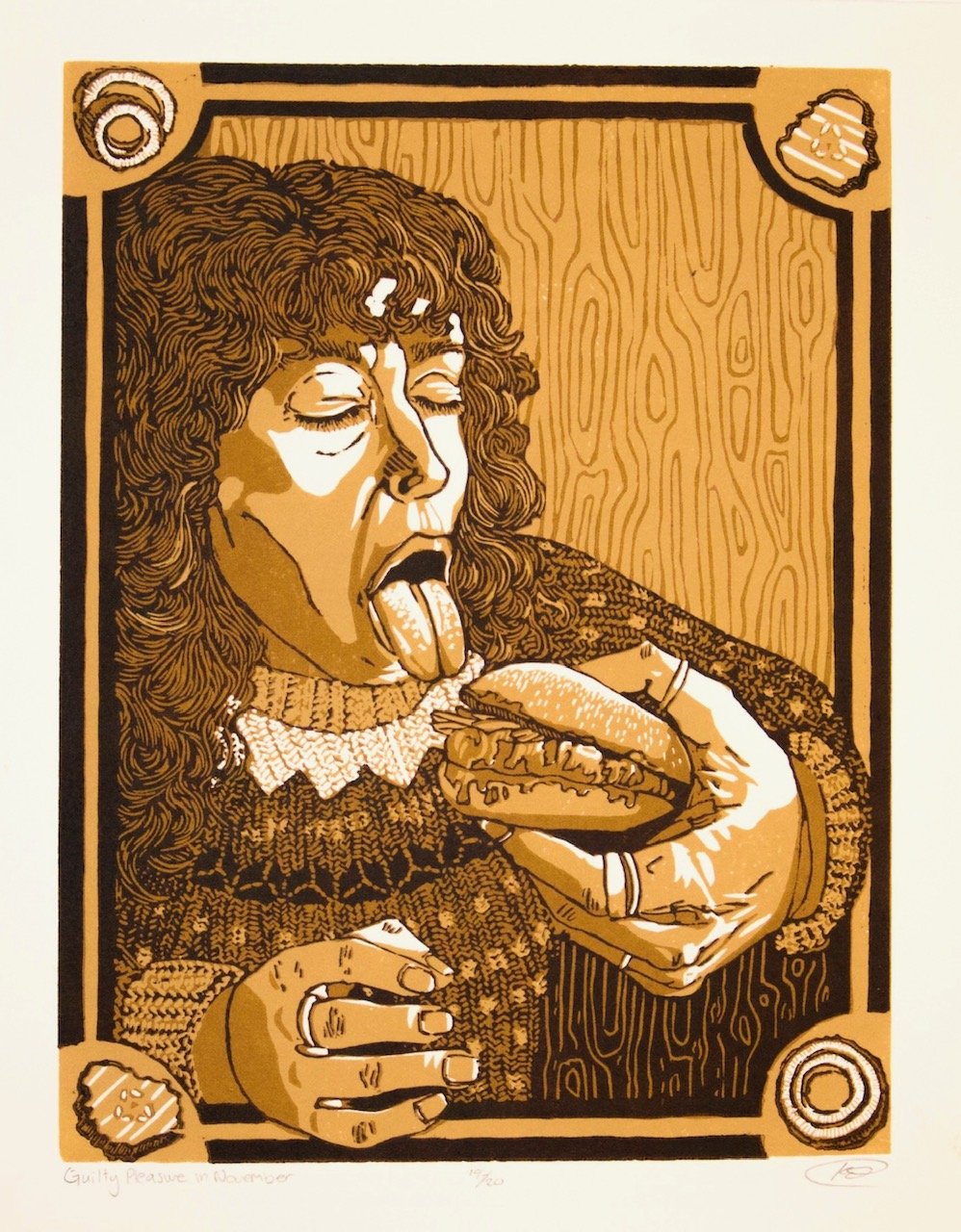 Guilty Pleasures in November,
Linocut, "11 x"14