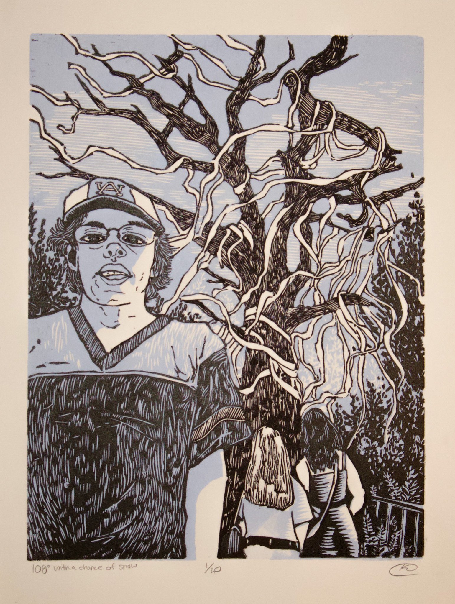 108° With a Chance of Snow,
Linocut,
11" x 14"