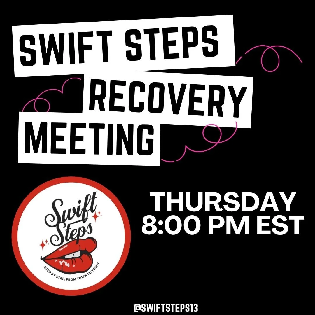 Poster for the Swift Steps virtual recovery meeting held on Thursday at 8:30 PM EST, with a pink and blue sky background and a large starburst design.