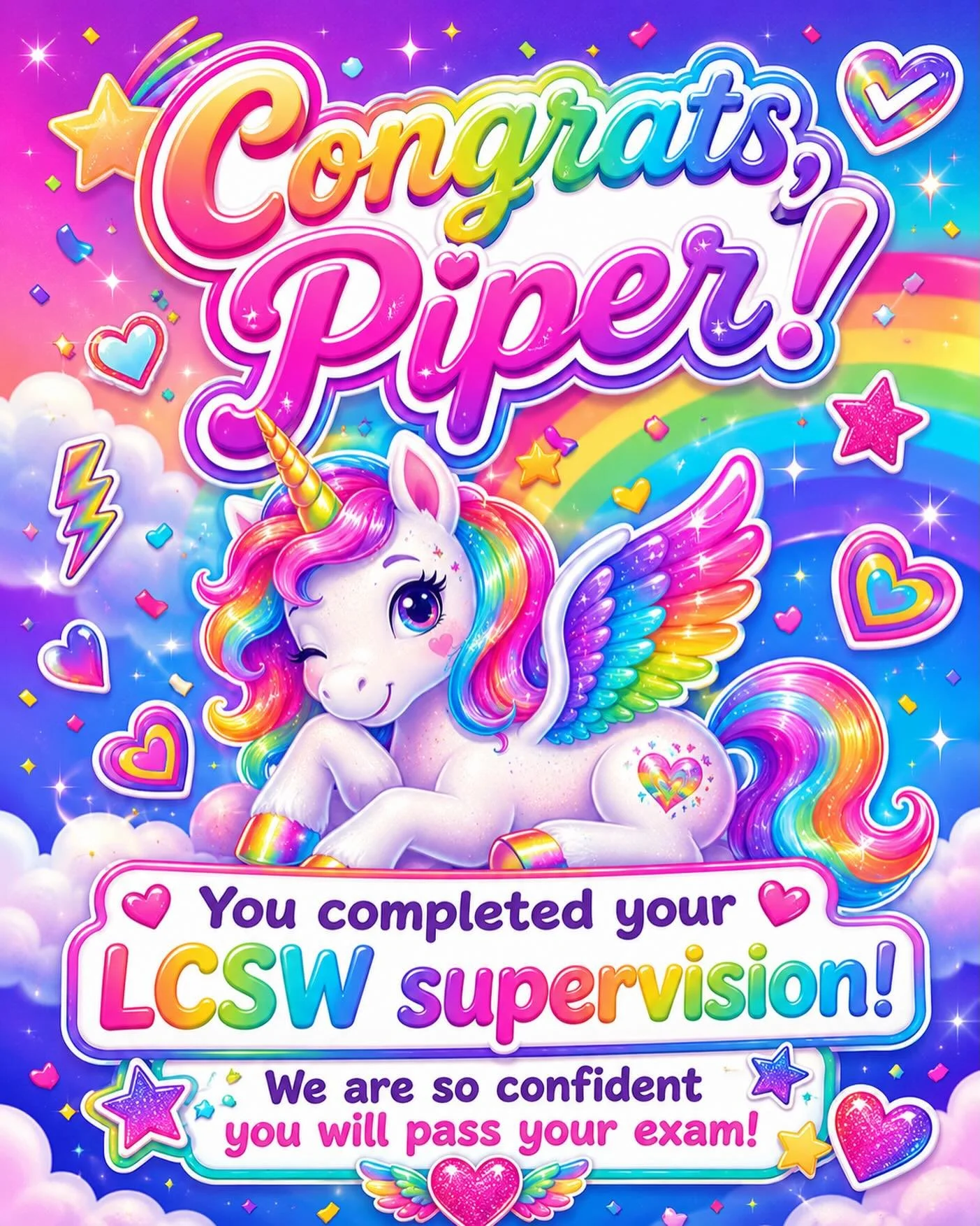 ✨🌈 CONGRATS, PIPER!! 🌈✨

Piper officially completed her LCSW supervision, and we could not be more proud! 💖🦄

This is such a huge milestone and a reflection of her dedication, compassion, and commitment to showing up for the communities she serve