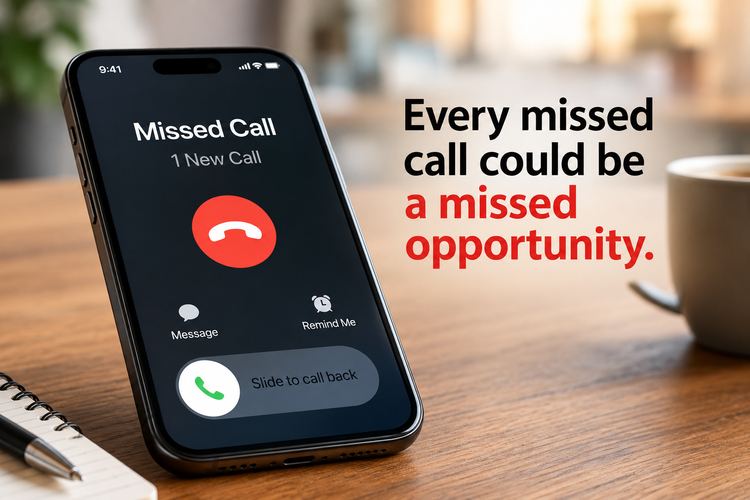 A smartphone on a wooden desk showing an incoming call from a missed call notification, with expectations that missed calls can be missed opportunities, beside a notebook, pen, and a mug.