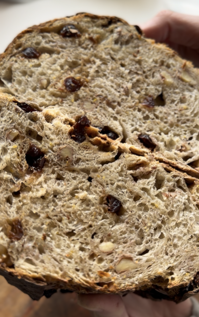 Sourdough Mama Cranberry Walnut Orange Cardamom Sourdough Bread aka January Bread Open Crumb Showing Inclusions