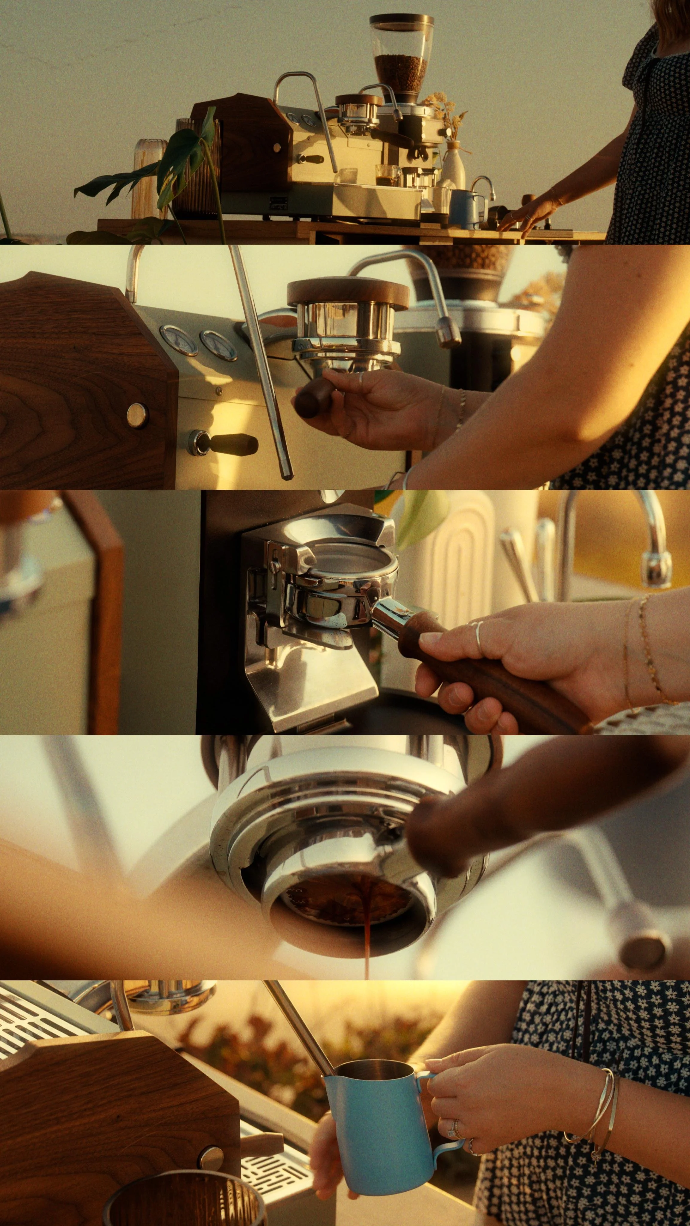 Barista pulling espresso shots and steaming milk on a wood-accented mobile espresso bar at golden hour, San Diego coffee catering