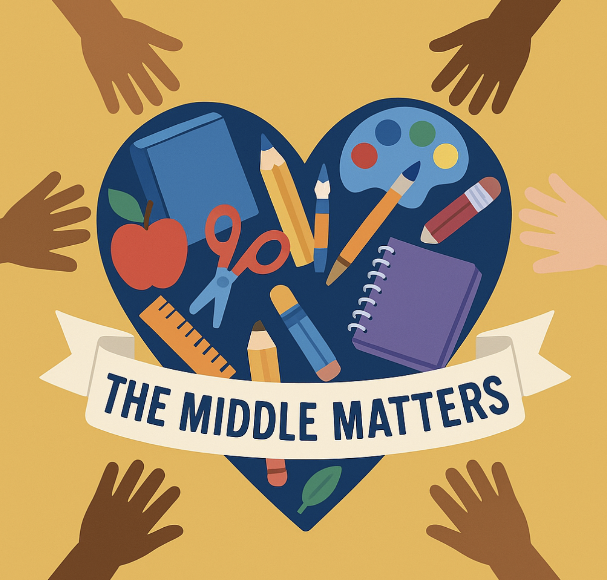 Cartoon hands reaching towards a heart with school supplies