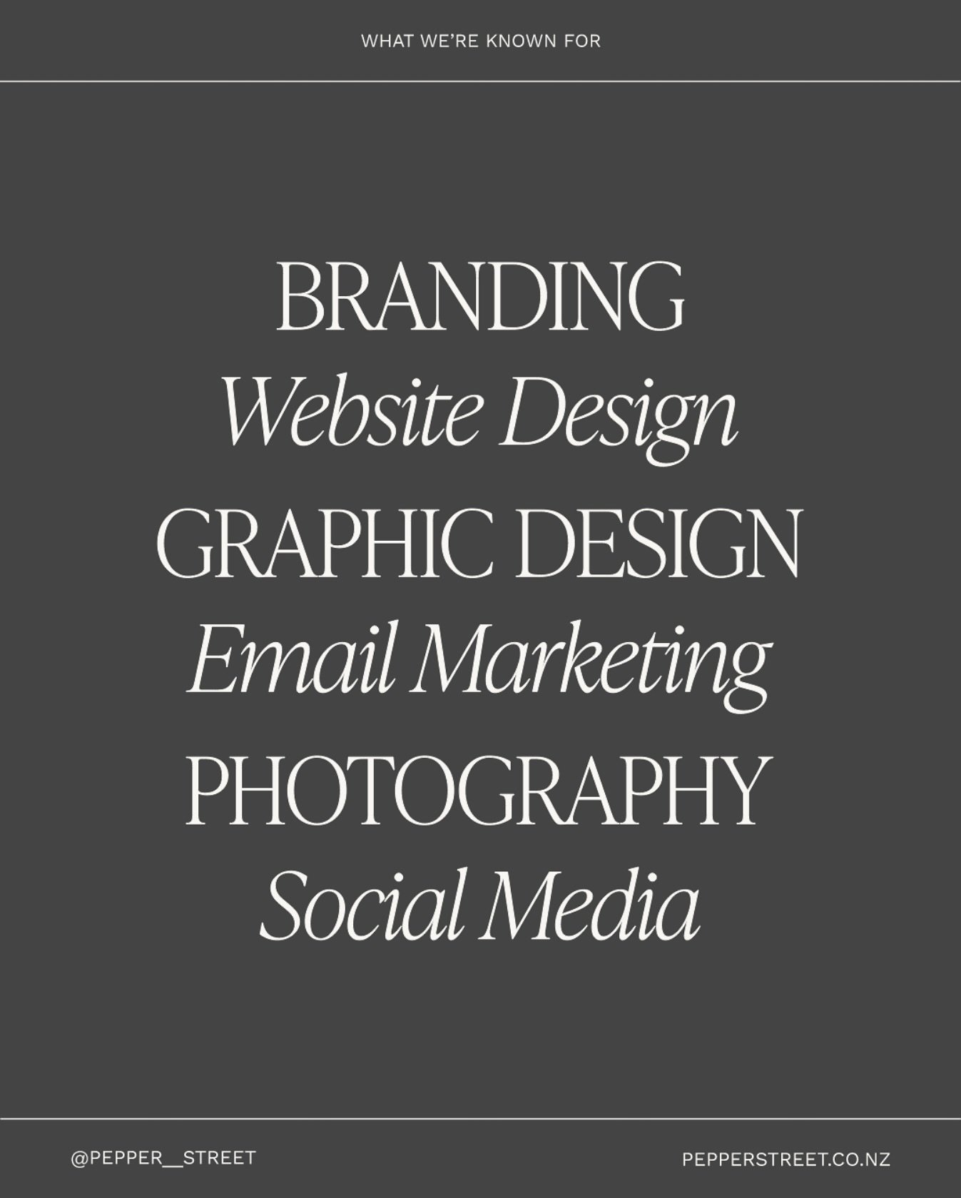 From strategic branding and thoughtful design to clever campaigns and content, we translate your values, voice, and vision into impactful outputs.

www.pepperstreet.co.nz