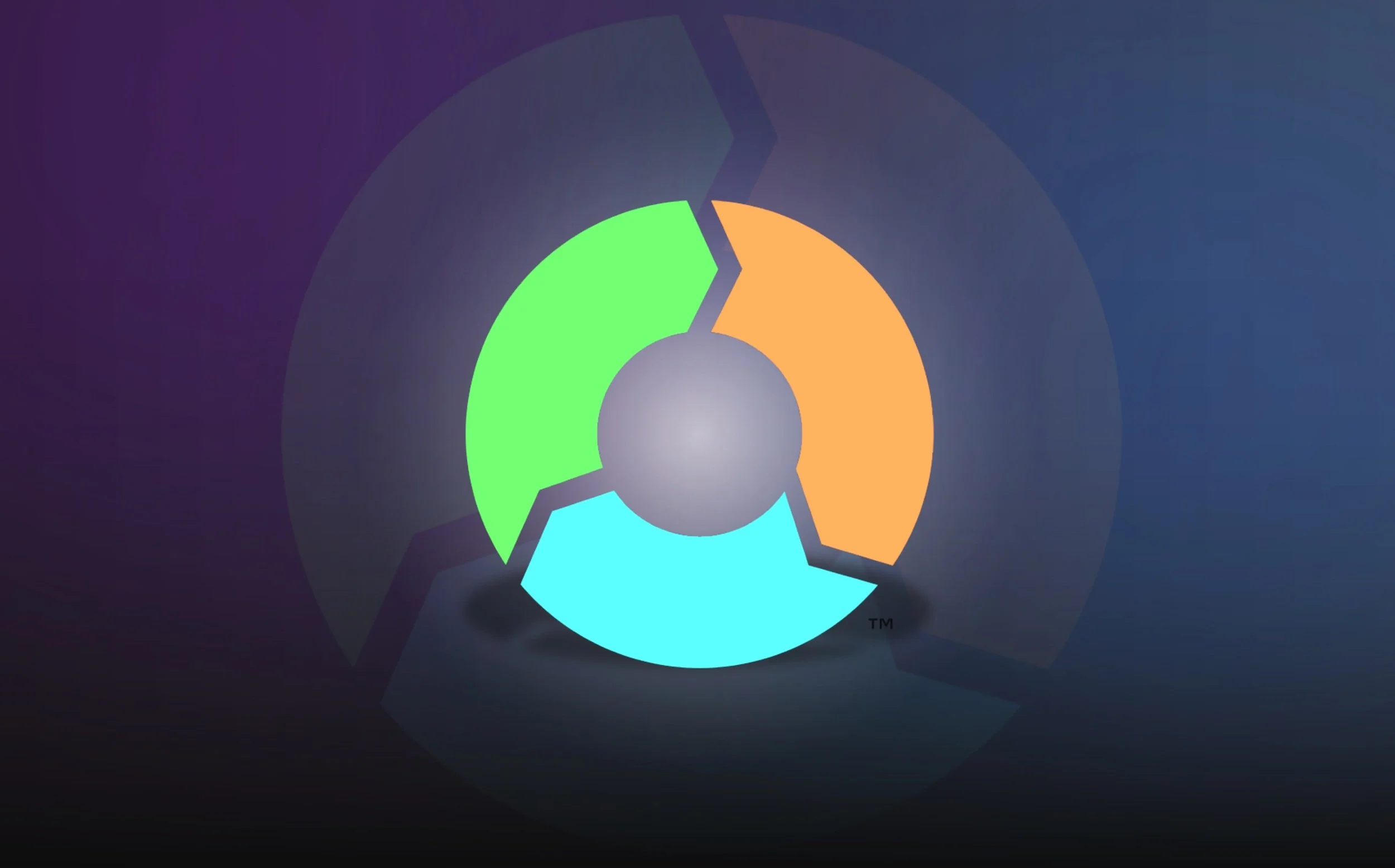 Colorful circular diagram with green, orange, and blue segments on a dark background.
