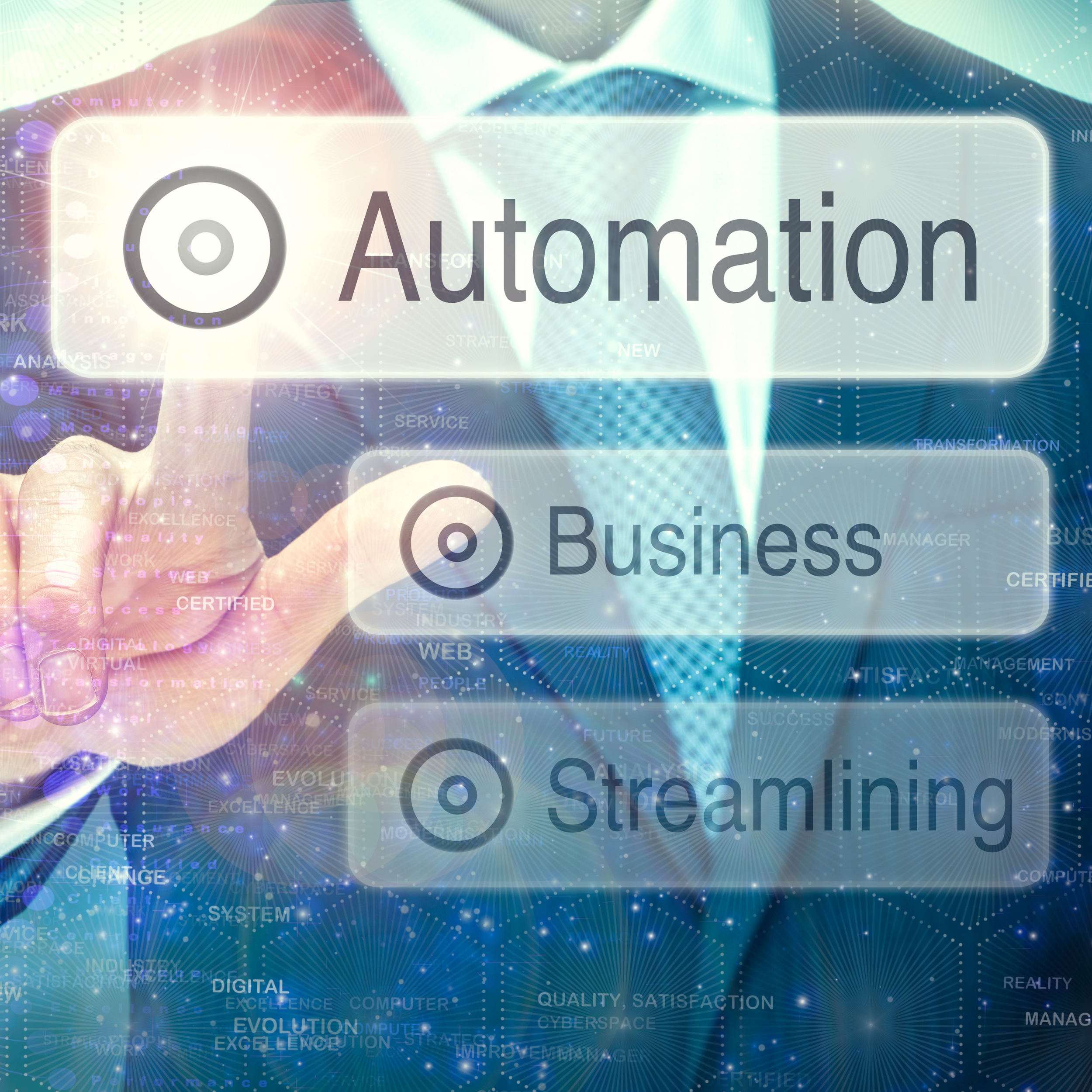 Business person in a suit pointing at a virtual interface with options for Automation, Business, and Streamlining written on it, overlaid with digital graphics and words related to technology and digital transformation.