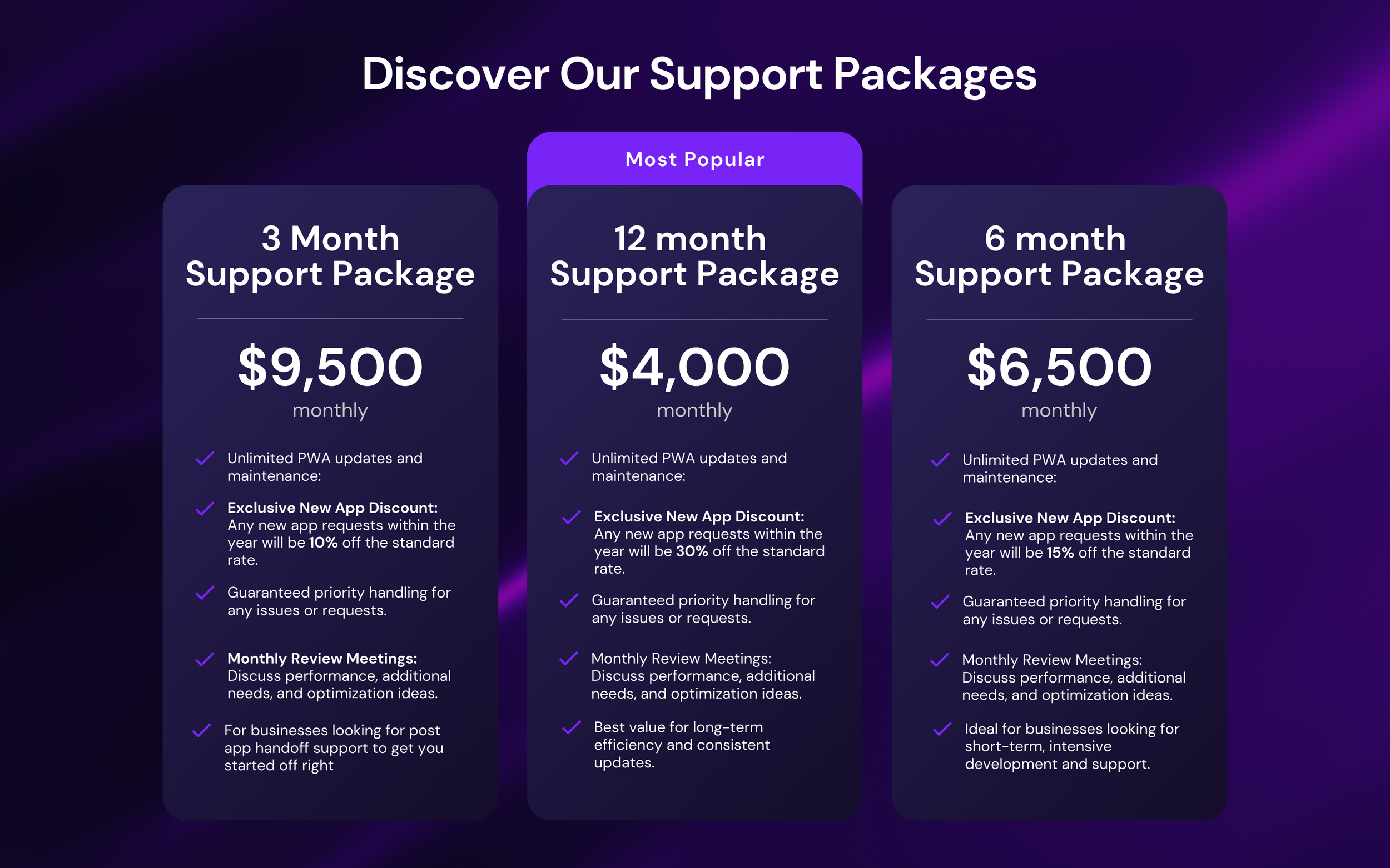 Pricing plans for support packages displayed in three columns: 3-month for $9,500 per month, 12-month most popular for $4,000 per month, and 6-month for $6,500 per month, each with features such as updates, discounts, priority handling, and review meetings.