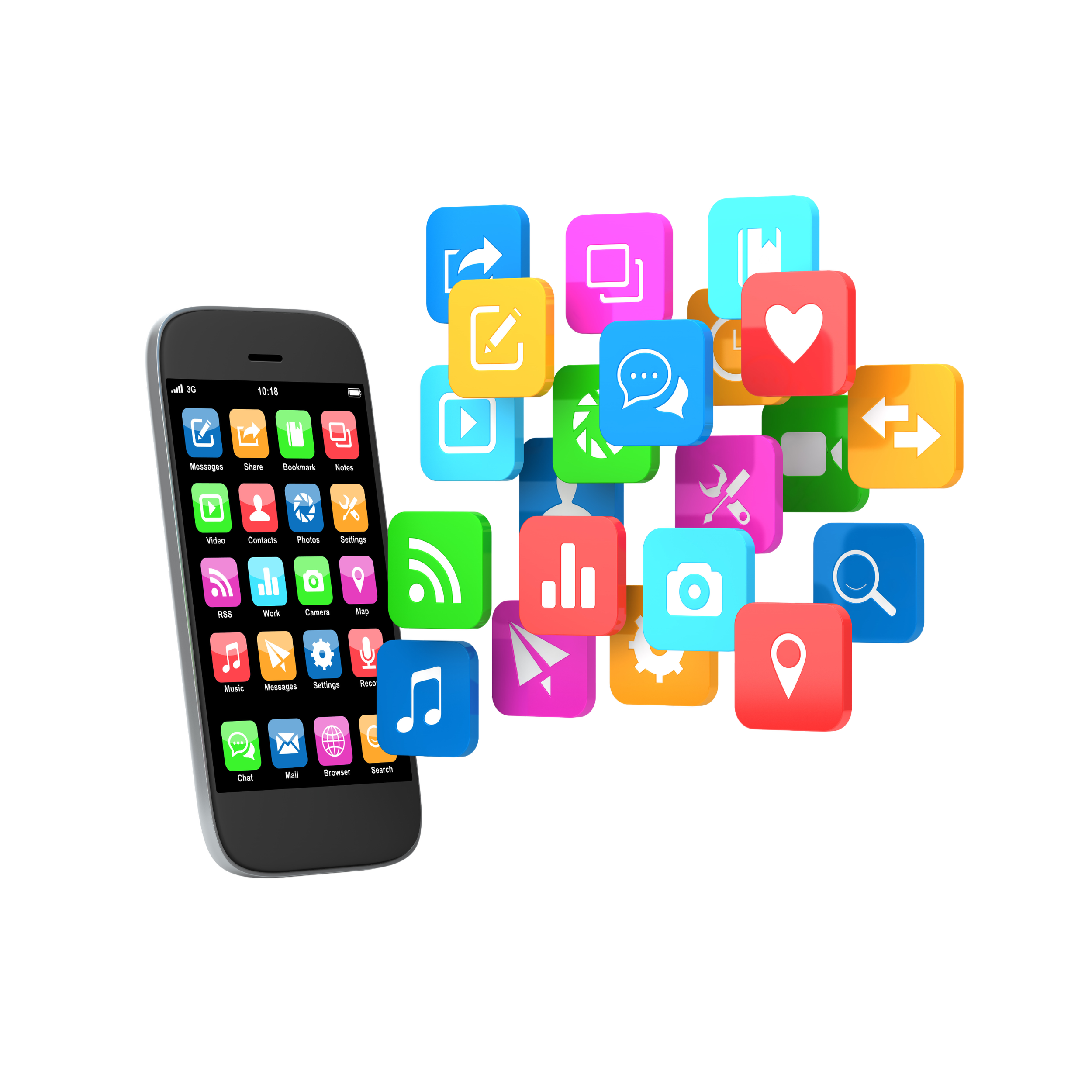 A smartphone displaying app icons, with colorful digital app icons floating around it.