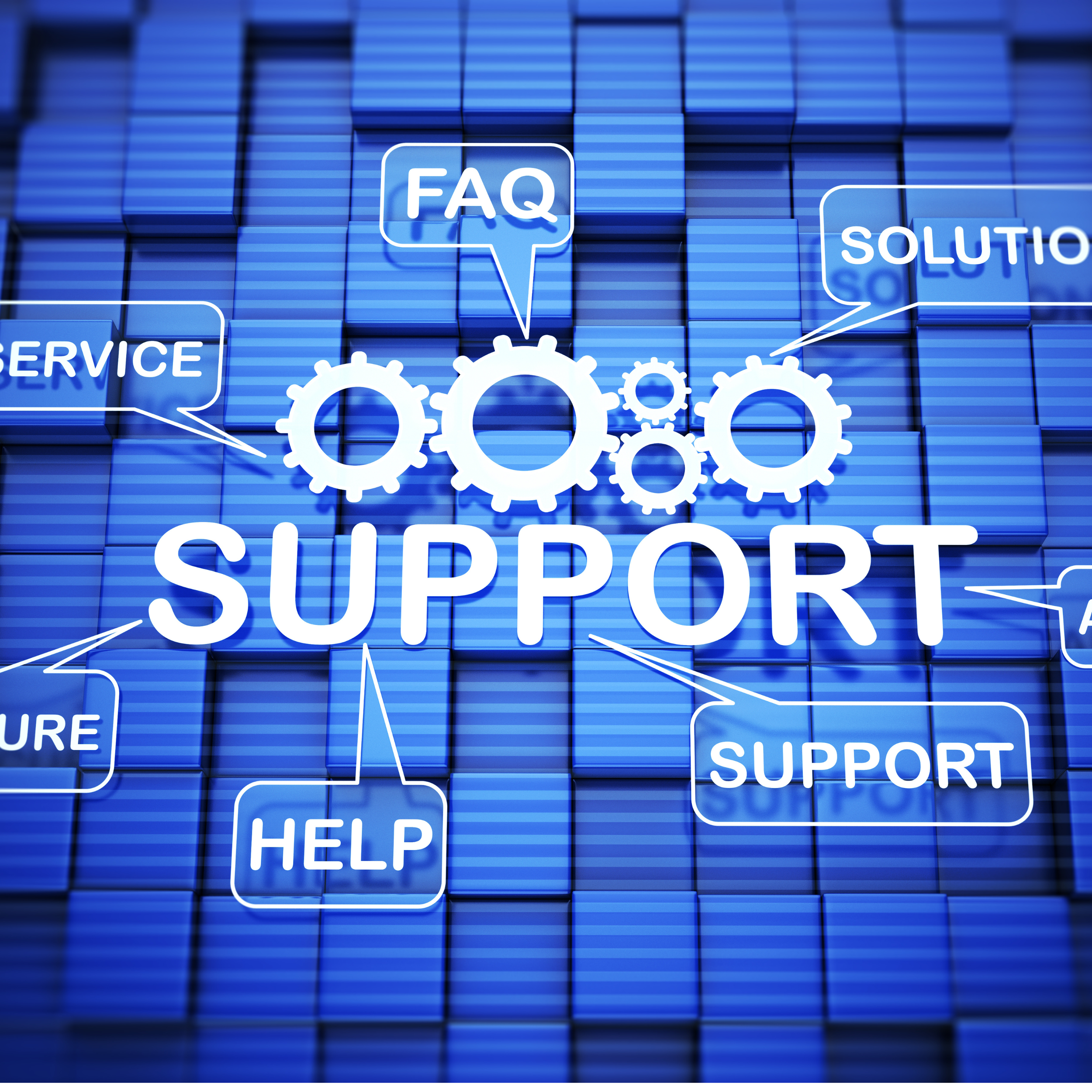 Digital graphic with the word 'SUPPORT' and icons of gears. Surrounding words include 'FAQ,' 'SOLUTION,' 'SERVICE,' 'HELP,' 'SUPPORT,' and 'FUTURE,' indicating customer support and assistance concepts.
