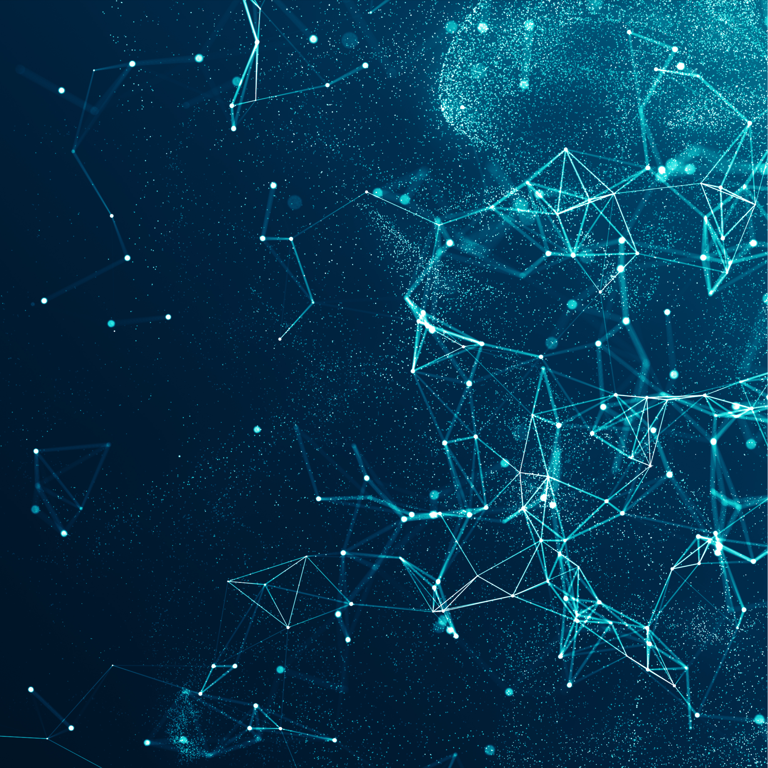 A digital illustration of a glowing blue network of interconnected dots and lines resembling constellations or a neural network in space.