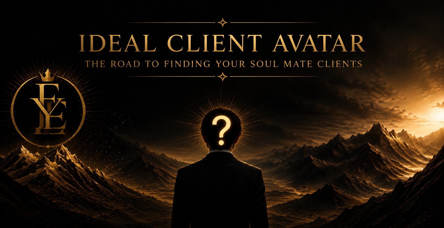 Dark mountainous landscape with a man in a suit facing away, his head illuminated with a glowing question mark. The image includes text 'Ideal Client Avatar: The Road to Finding Your Soul Mate Clients' and a logo with initials 'EYE' surrounded by a gold circle and crown.