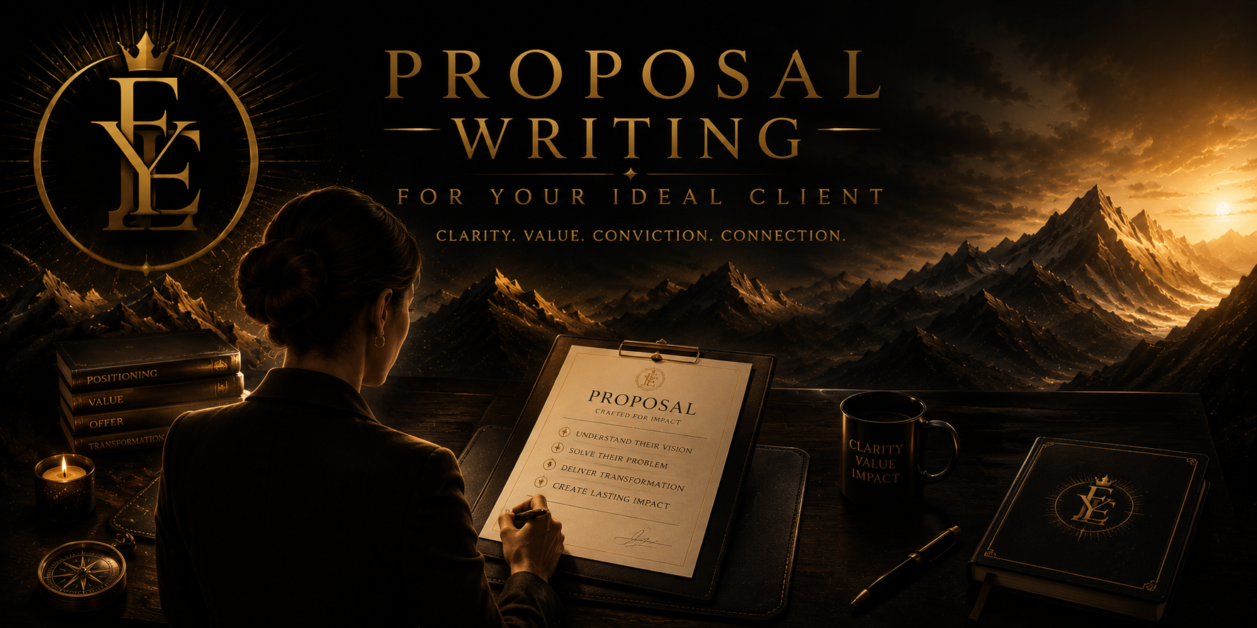A woman working on a proposal at a desk with mountains and sunset in the background, surrounded by books, a candle, a compass, a mug, and a pen, with text promoting proposal writing services.