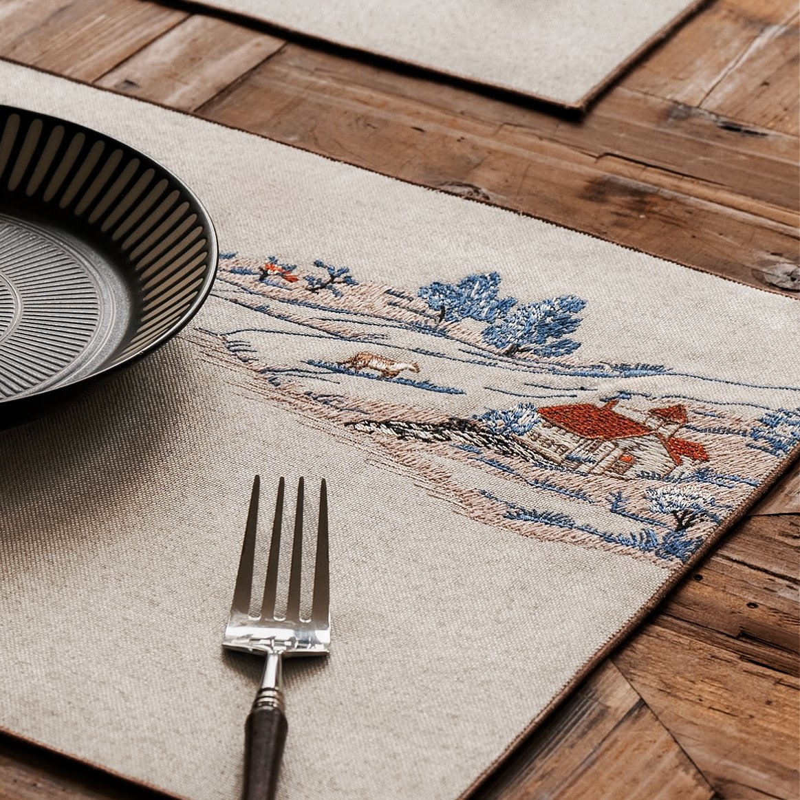 Landscape Embroidered Placemat Close-up in Table Setting