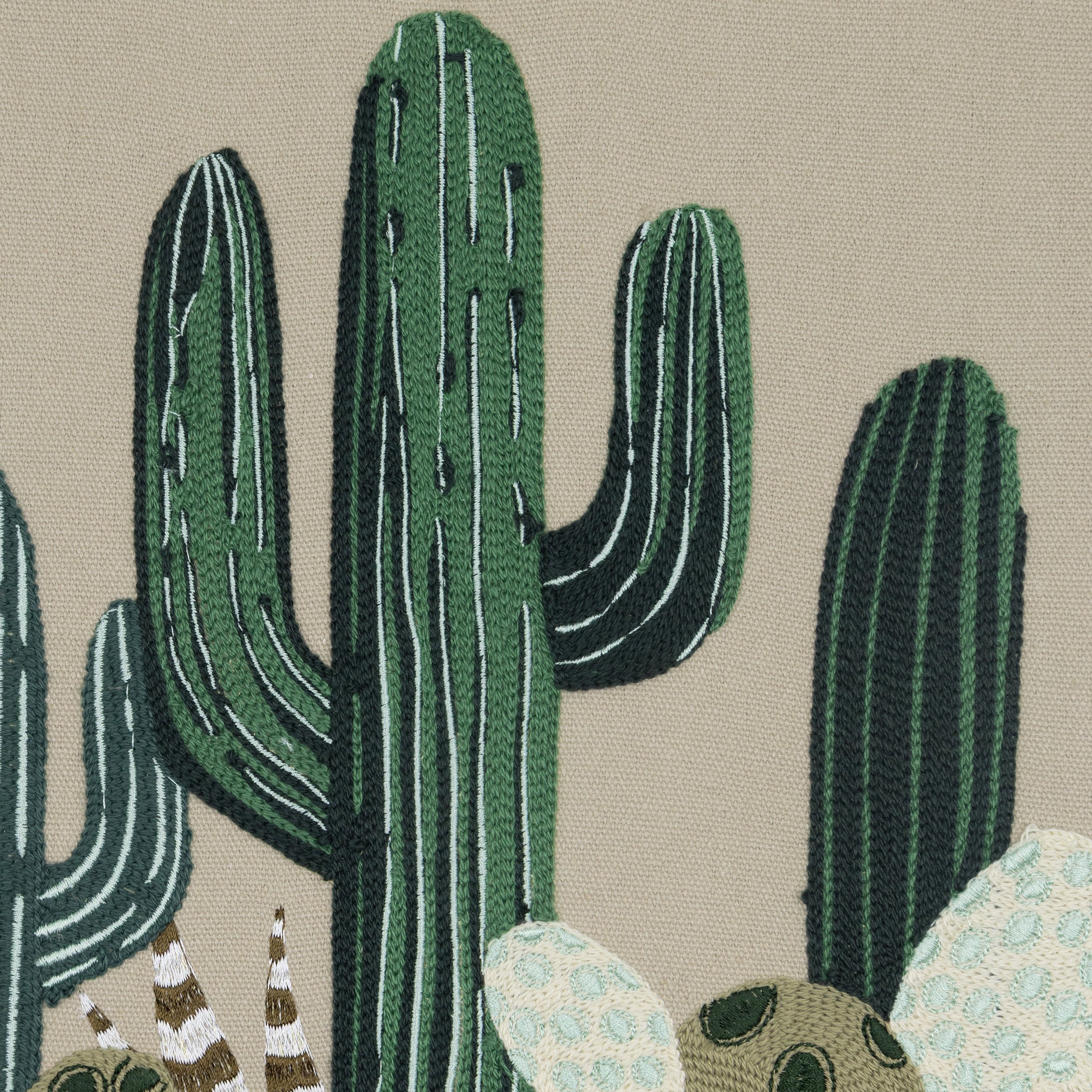 Close-up detail of cactus embroidery from the Arid wall art showing layered stitching and texture