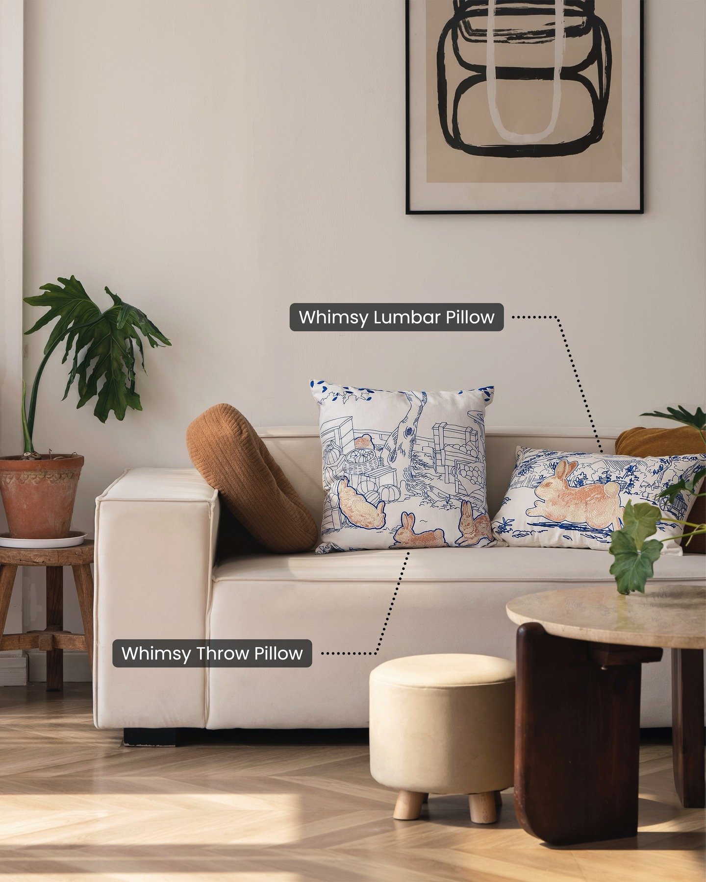 Our Whimsy rabbits in embroidery, as a pair：

50&times;50cm throw pillow + 35&times;55cm lumbar for an easy modern sofa setup.

#decorativepillows #embroideredpillow #throwpillows #embroideredcushion #modernhomedecor #sofadecor #pampan