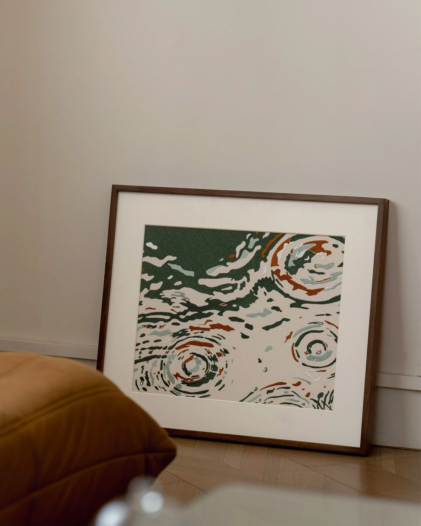 Echoes.

An abstract study of water &mdash; ripples, movement, and shifting surface, translated through embroidery.

#embroideryart #framedwallart #modernhomedecor #decorativeart #pampan