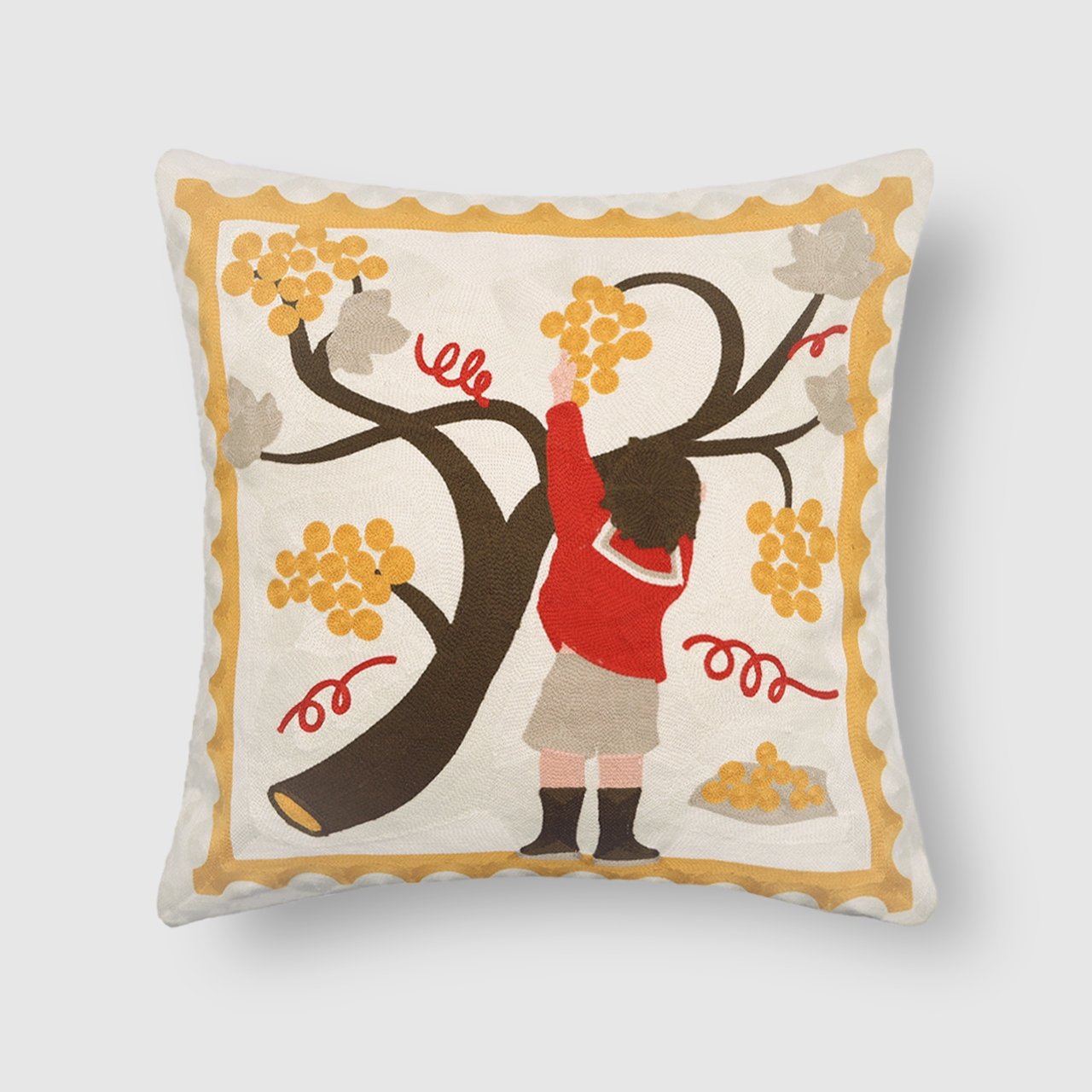 Wild Corner Series Full Chain Embroidery Throw Pillow with a Kid Reaching a Tree Branch.jpg