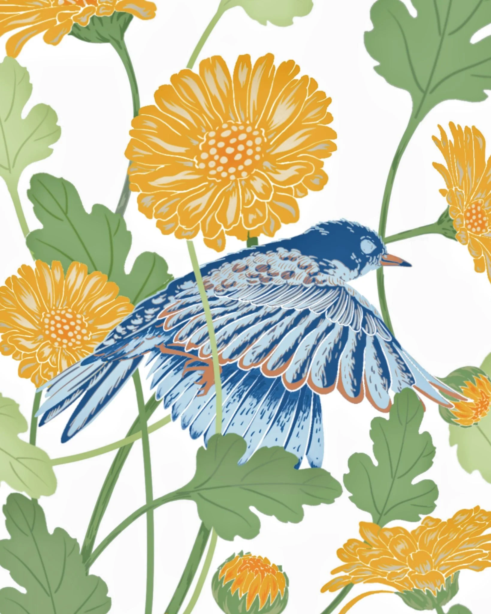 The bluebird and calendula start as a drawing, then slowly take shape in thread.o life.

The blue bird and calendula start as a drawing, then slowly take shape in thread.
Petals build up layer by layer, the bird&rsquo;s wings pick up light as the sti