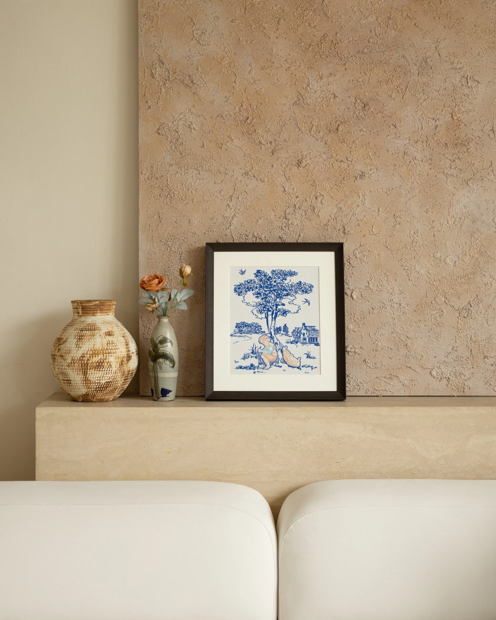 Whimsy embroidered art &mdash; a little countryside moment stitched in blue &mdash; kids, a tree, a quiet afternoon.

#embroideredart #decorativeart #framedwallart #embroideryart #modernhomedecor #pampan