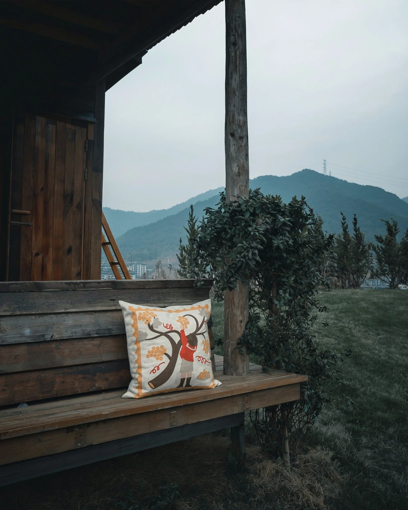 The scene on the fabric almost blends into the surroundings, as it belongs to this quiet, slightly untamed space.

Up close, the chain embroidery gives it a soft texture and a bit of weight.

#throwpillows #decorativepillows #embroideredcushions #emb
