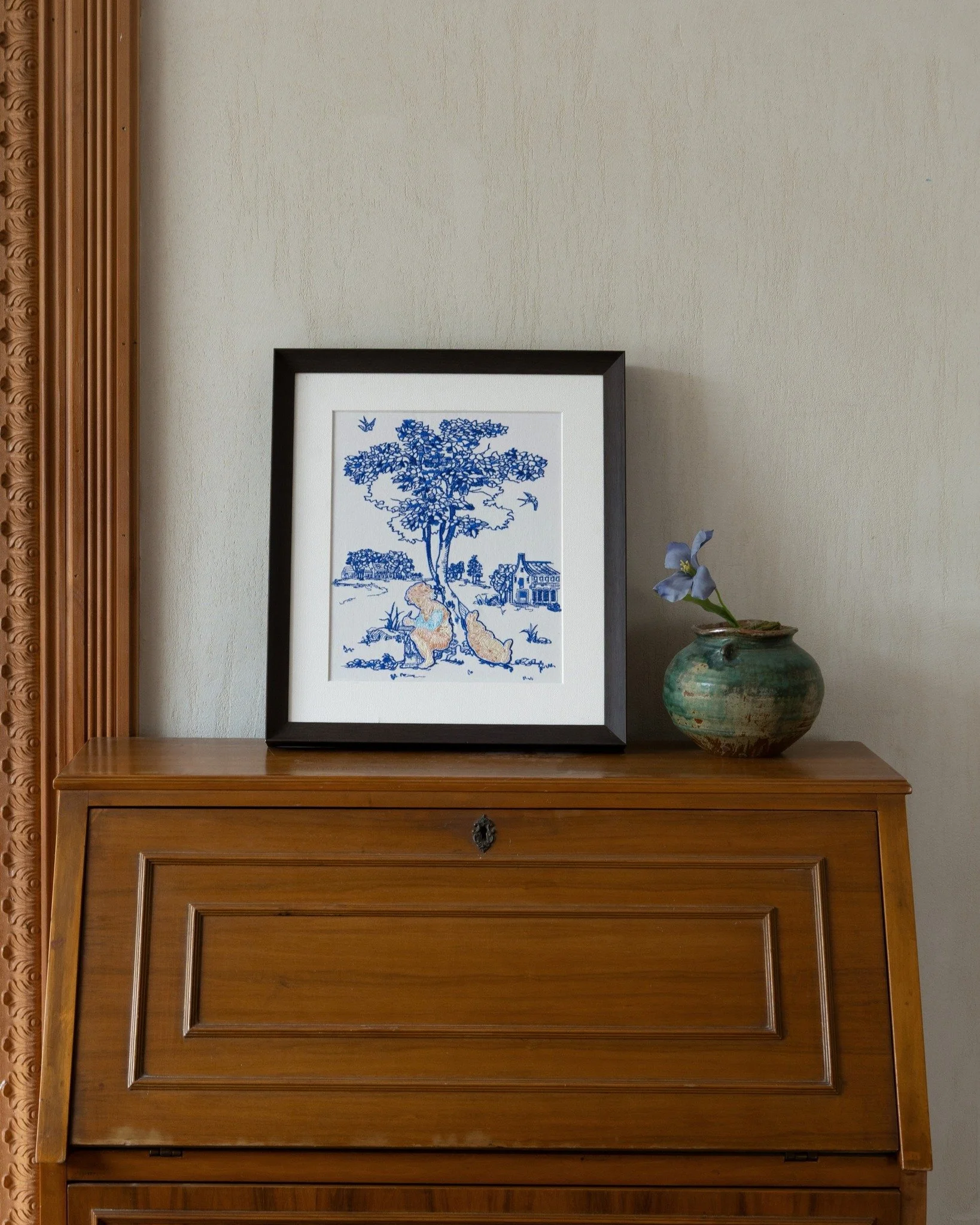 There was a time when an afternoon felt endless.
A tree for shade, a quiet companion beside you, and somehow that was enough.

#whimsy #decorativeart #framedwallart #embroideryart #modernhomedecor #cornerdecor #pampan