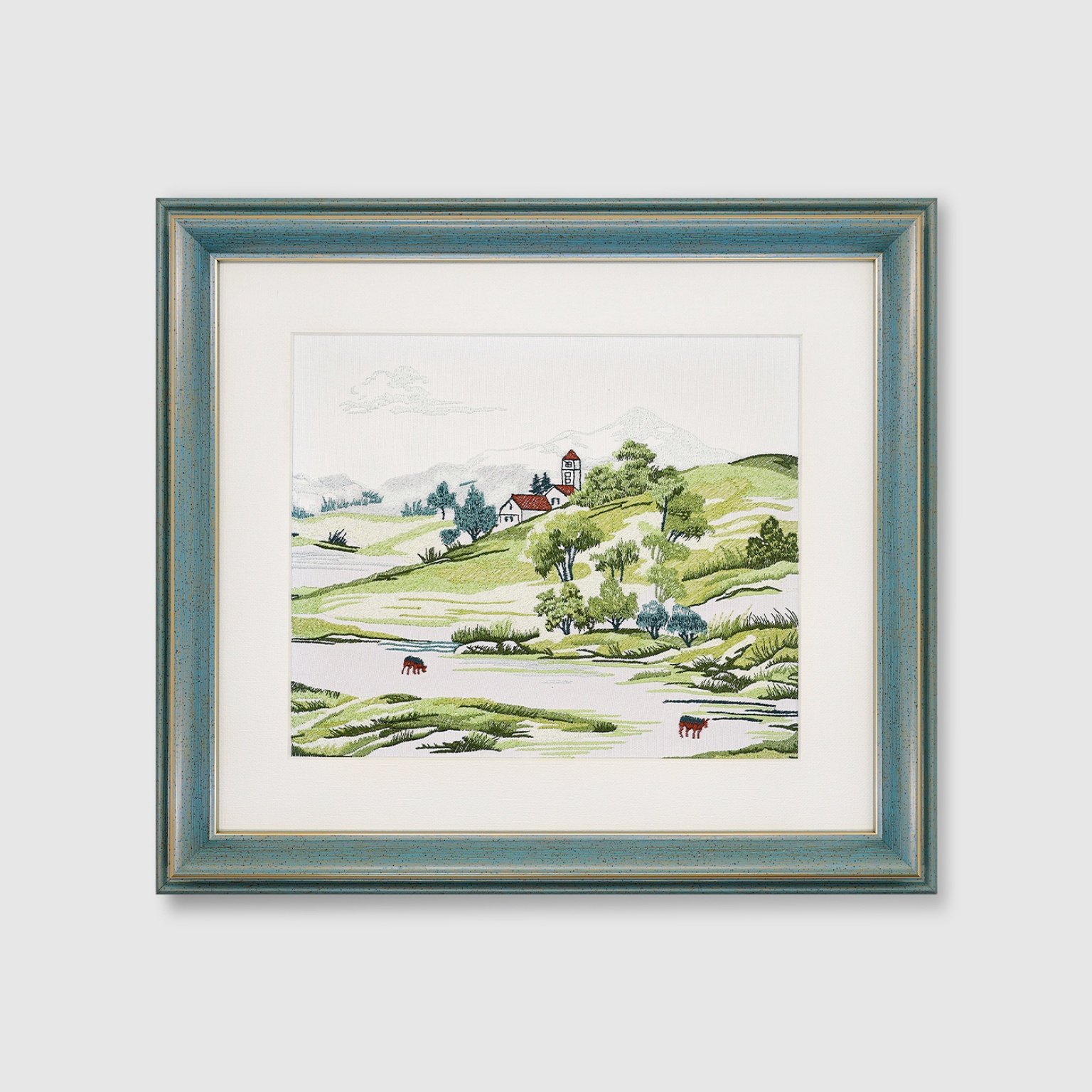 Front view of Pam Pan's spring hill landscape embroidery wall art