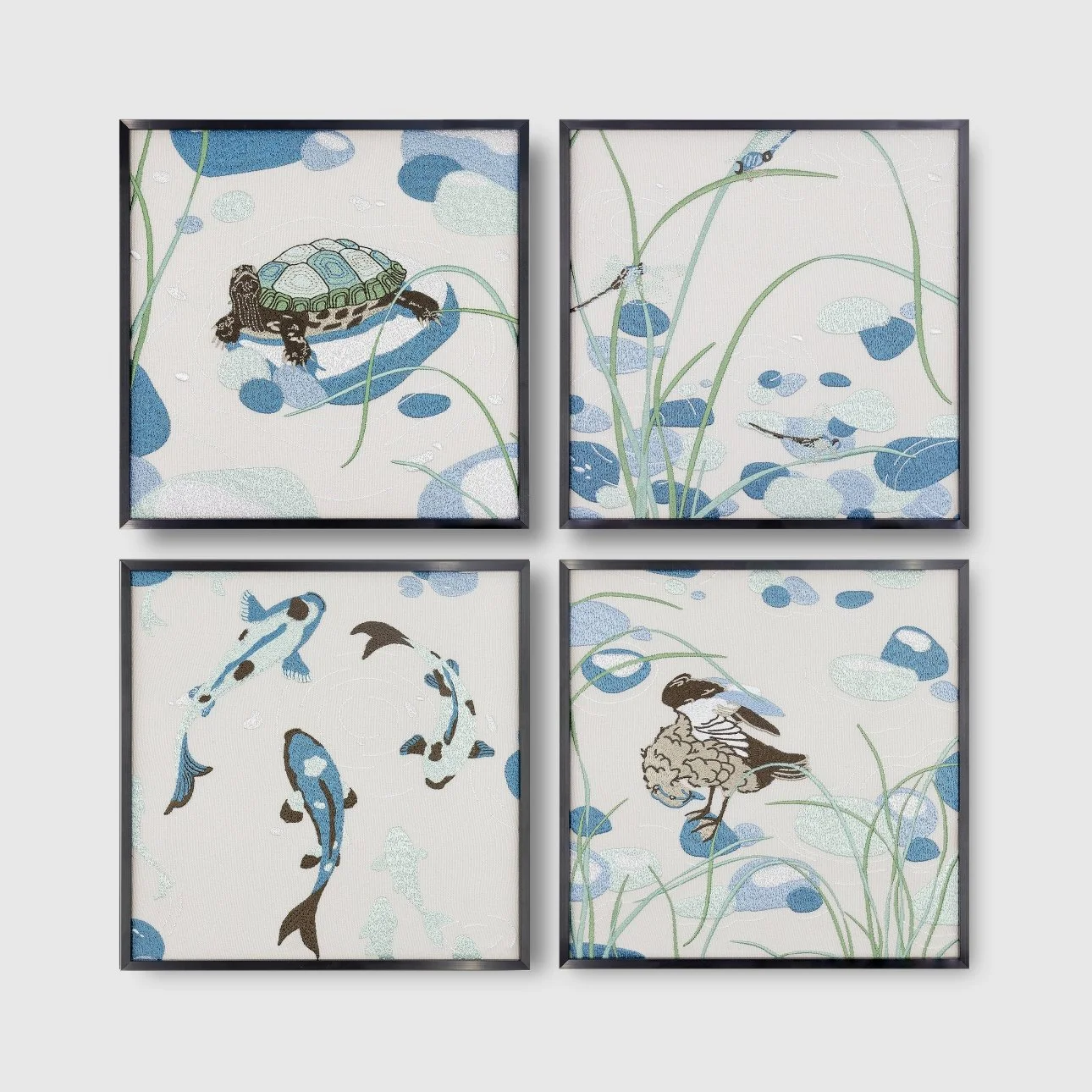 Set of four framed embroidered wall art pieces featuring a turtle, dragonfly, koi fish, and duck in a pond-inspired design with soft blue and green tones.