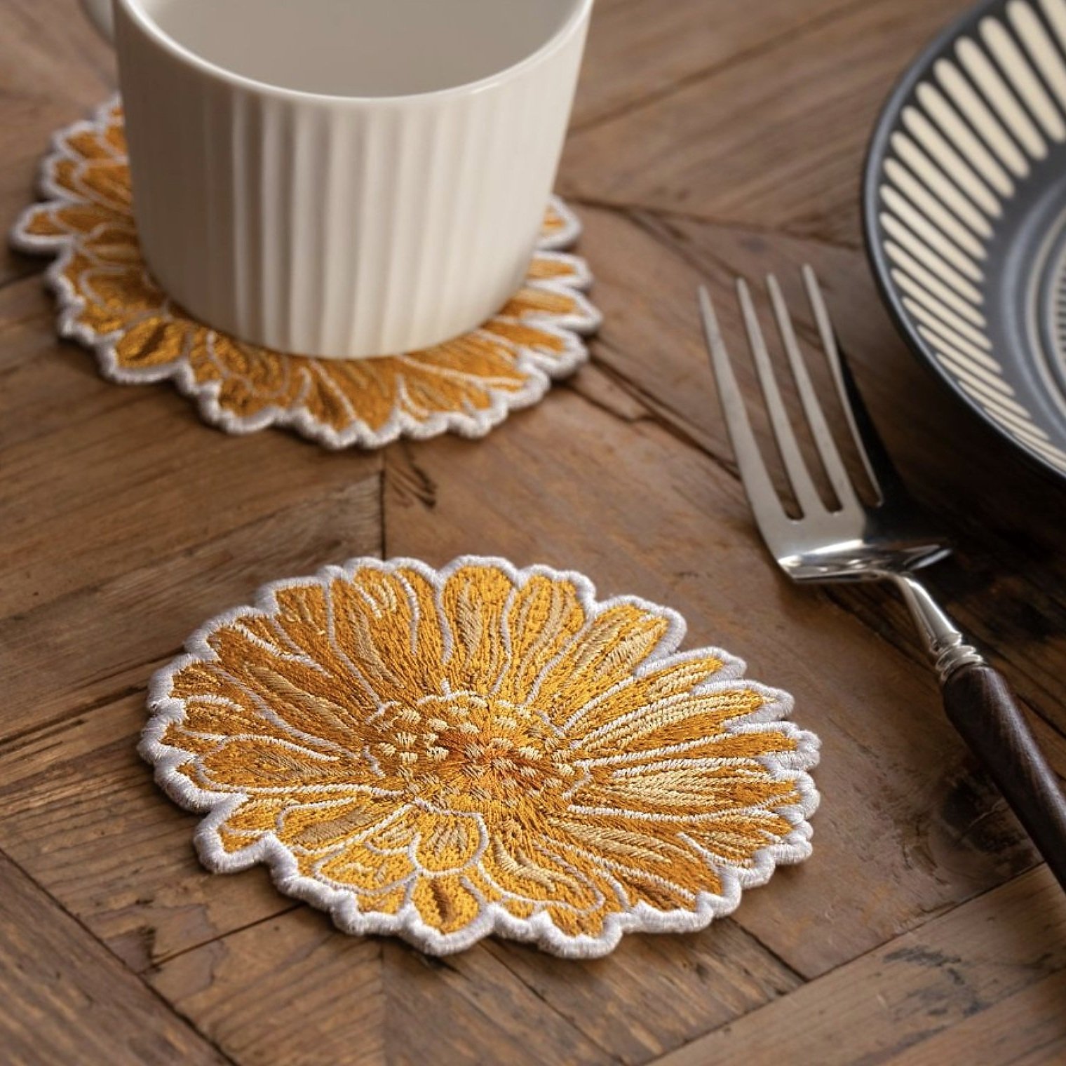 Calendula Flower Coasters on a Wooden Table.jpg