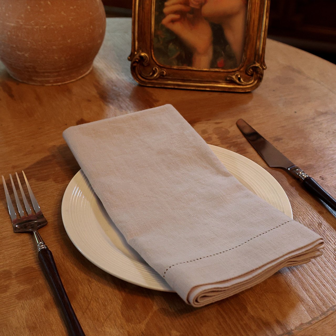100% ramie grey napkin with hemstitch details in 1/8 fold