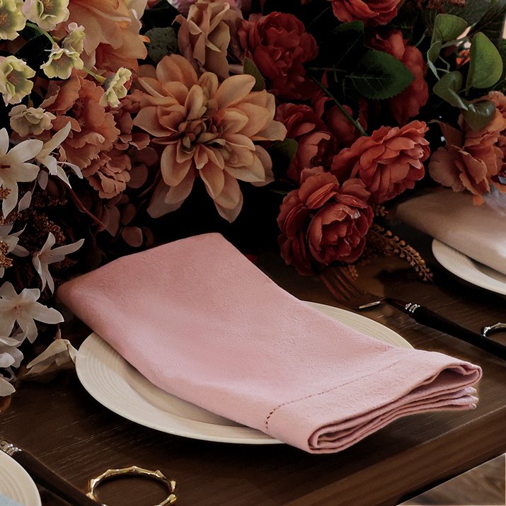 Soft pink cotton napkin with hemstitch details in 1/6 fold perfect for wedding