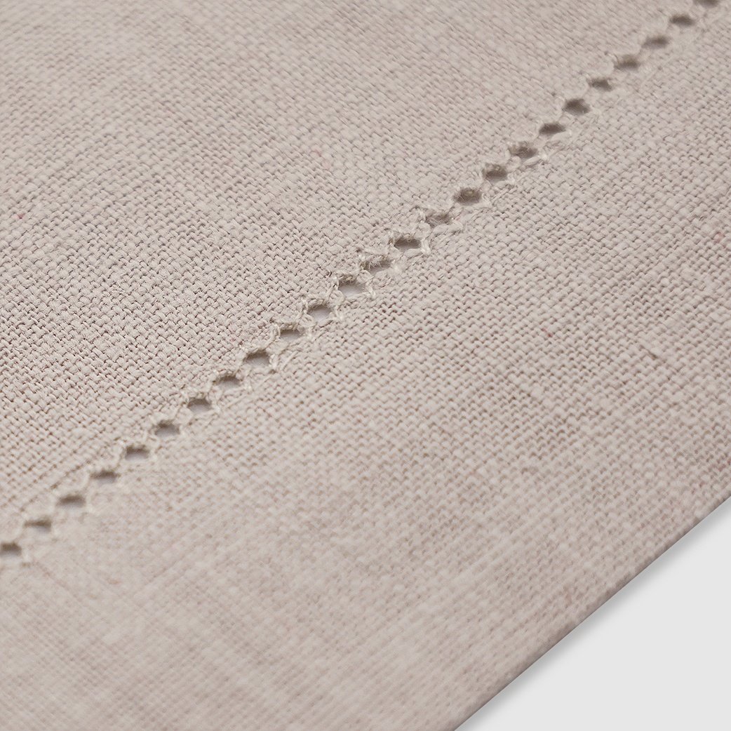 Hemstitch details of grey dinner napkin made from 100% ramie