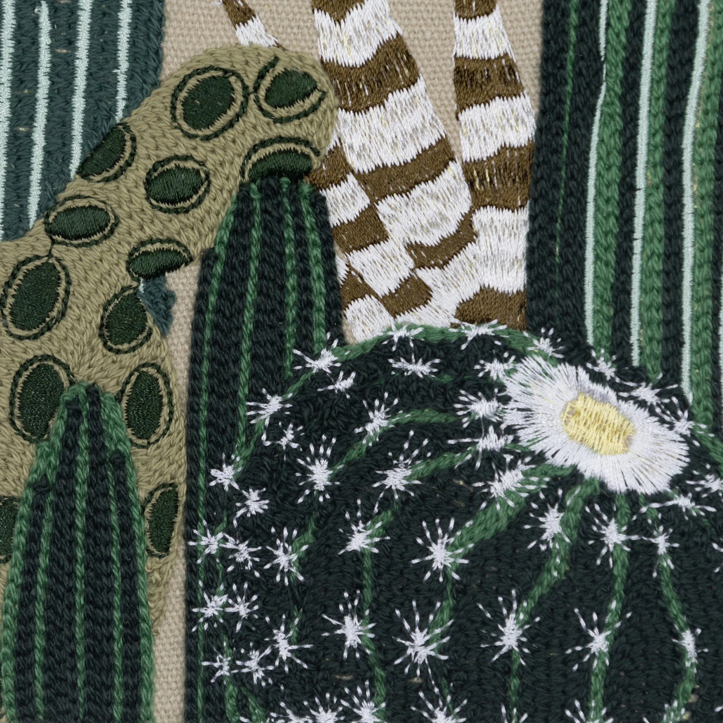 Detailed embroidery of cacti and desert plants from the Arid botanical wall art