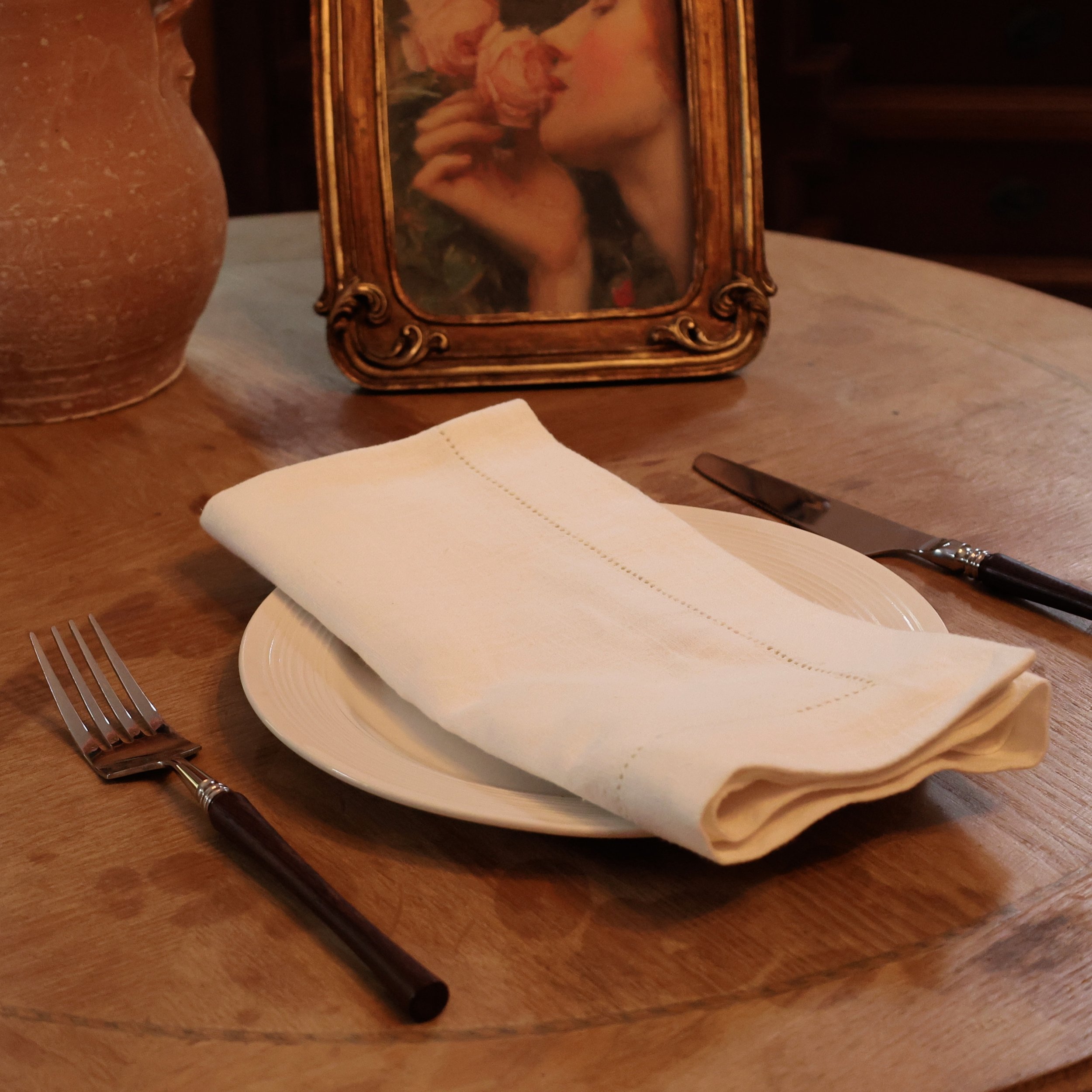 French white ramie napkin with hemstitch embroidery in 1/8 fold