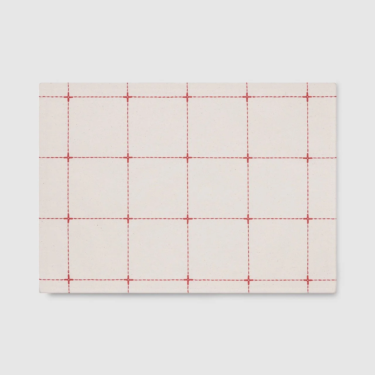 Red Grid Embroidered Natural Beige Cotton Placemat Front View