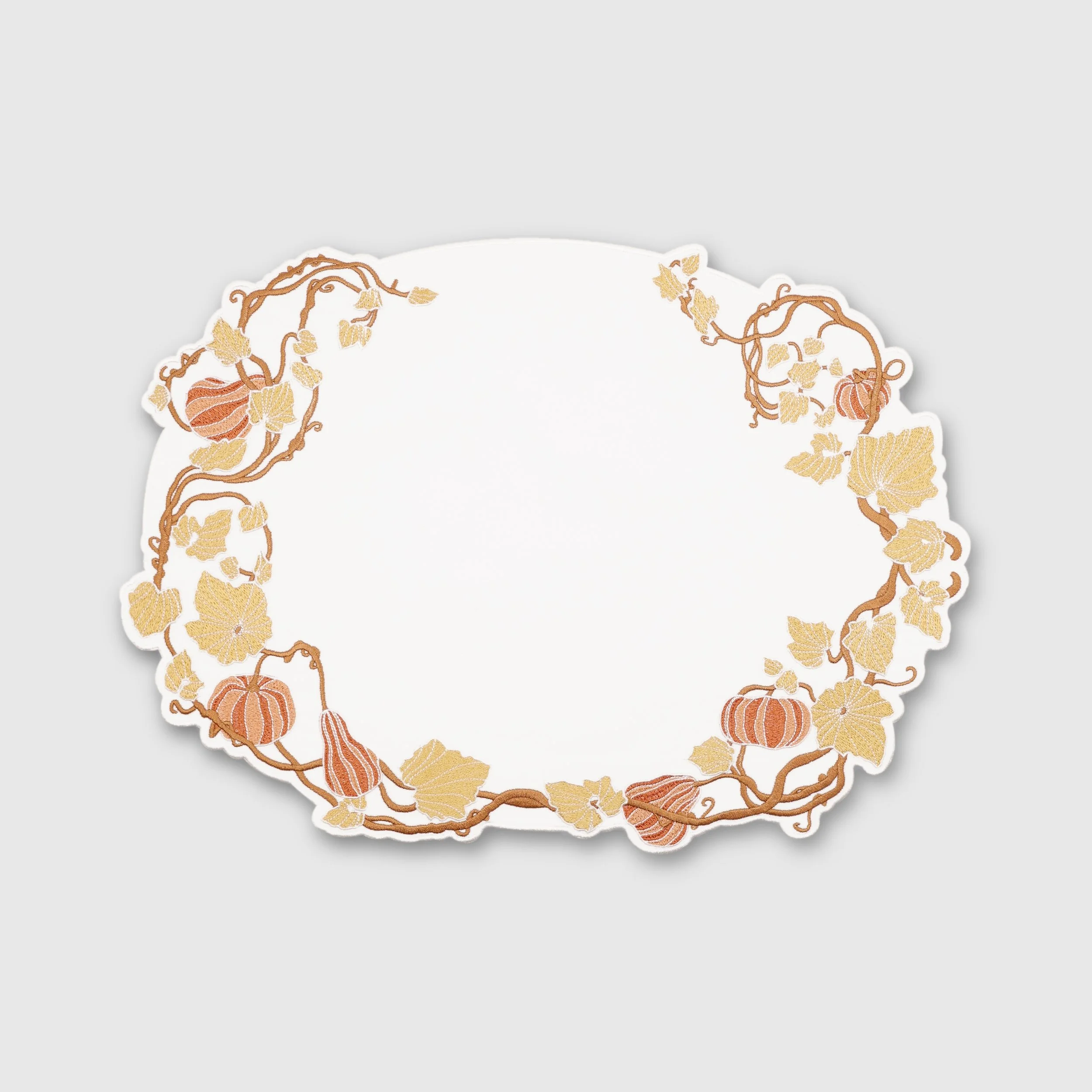 Oval cotton placemat with pumpkin and vine embroidery — Pam Pan Pumpkin Series fall table mat, 100% cotton embroidered table décor.