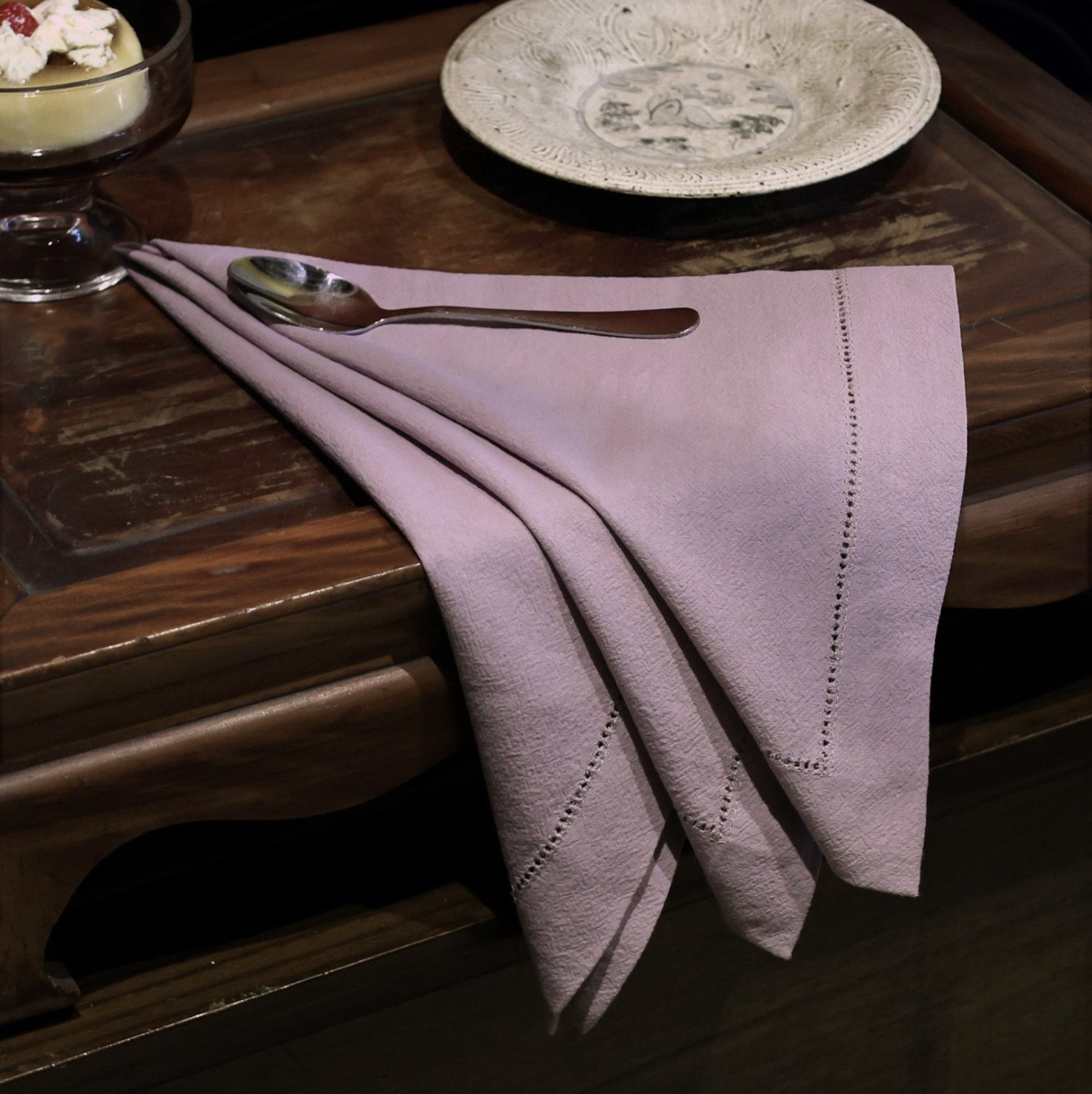 Lavender Purple Hemstitched Napkin Tri-fold Drape on a Dessert Table