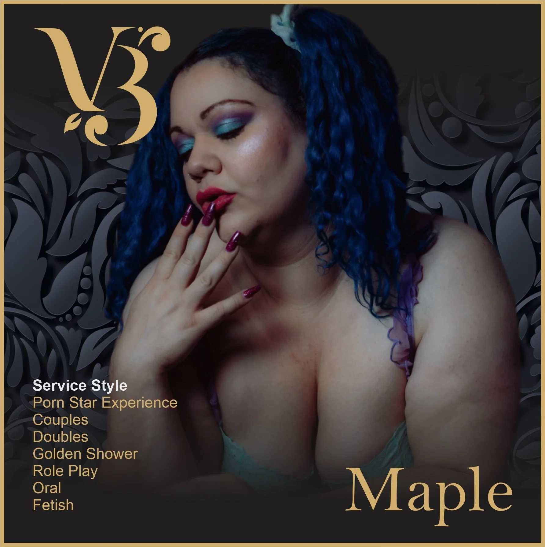 A woman with blue curly hair, makeup, and red nails poses with her hand near her lips against a black background with a gold decorative design and the word 'Maple'. Text on the image lists services like Porn Star Experience, Couples, Doubles, Golden Shower, Role Play, Oral, Fetish.
