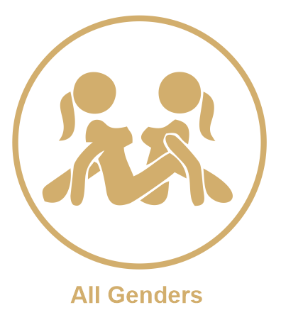 Circle logo with two stylized female figures facing each other, enclosed in a gold outline. Text below reads "All Genders."